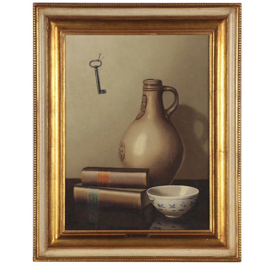 Still Life Oil Painting with Books and a Key, 20th Century