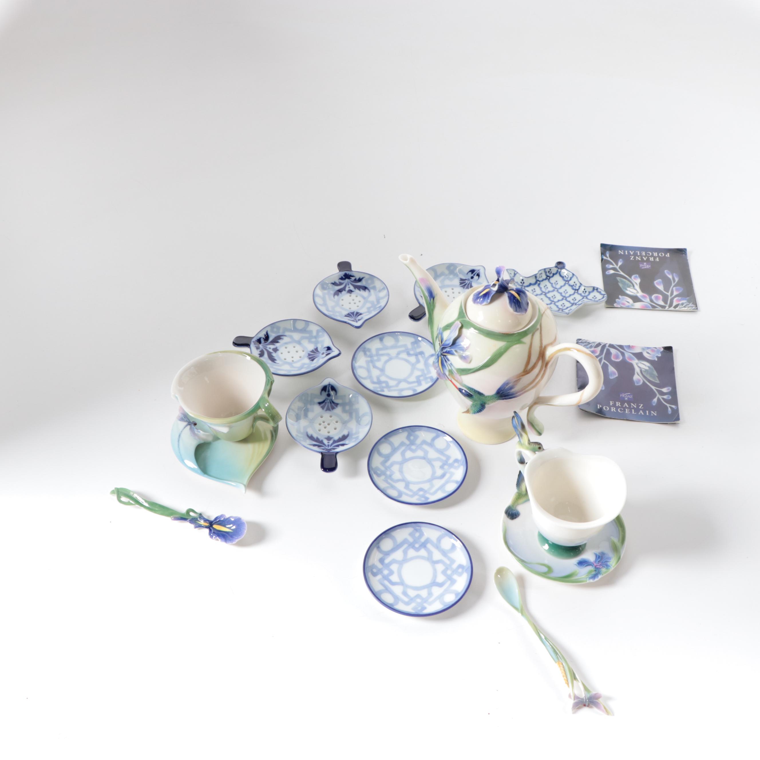Franz Porcelain Hummingbird Teapot, Teacup Set and Other Tea Bag Rests