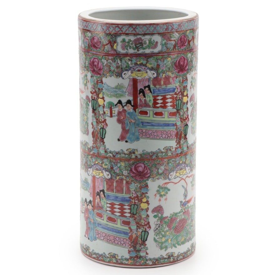 Chinese Rose Medallion Porcelain Umbrella Stand, Mid to Late 20th Century