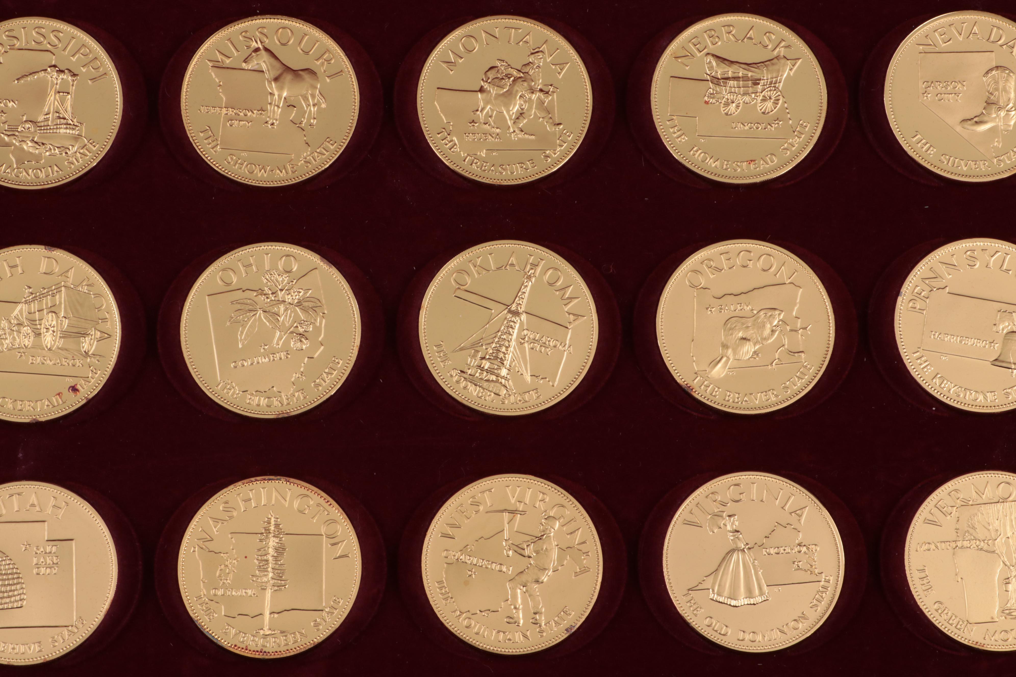 24K Gold Plated Sterling Silver Proof Commemorative State Medallions