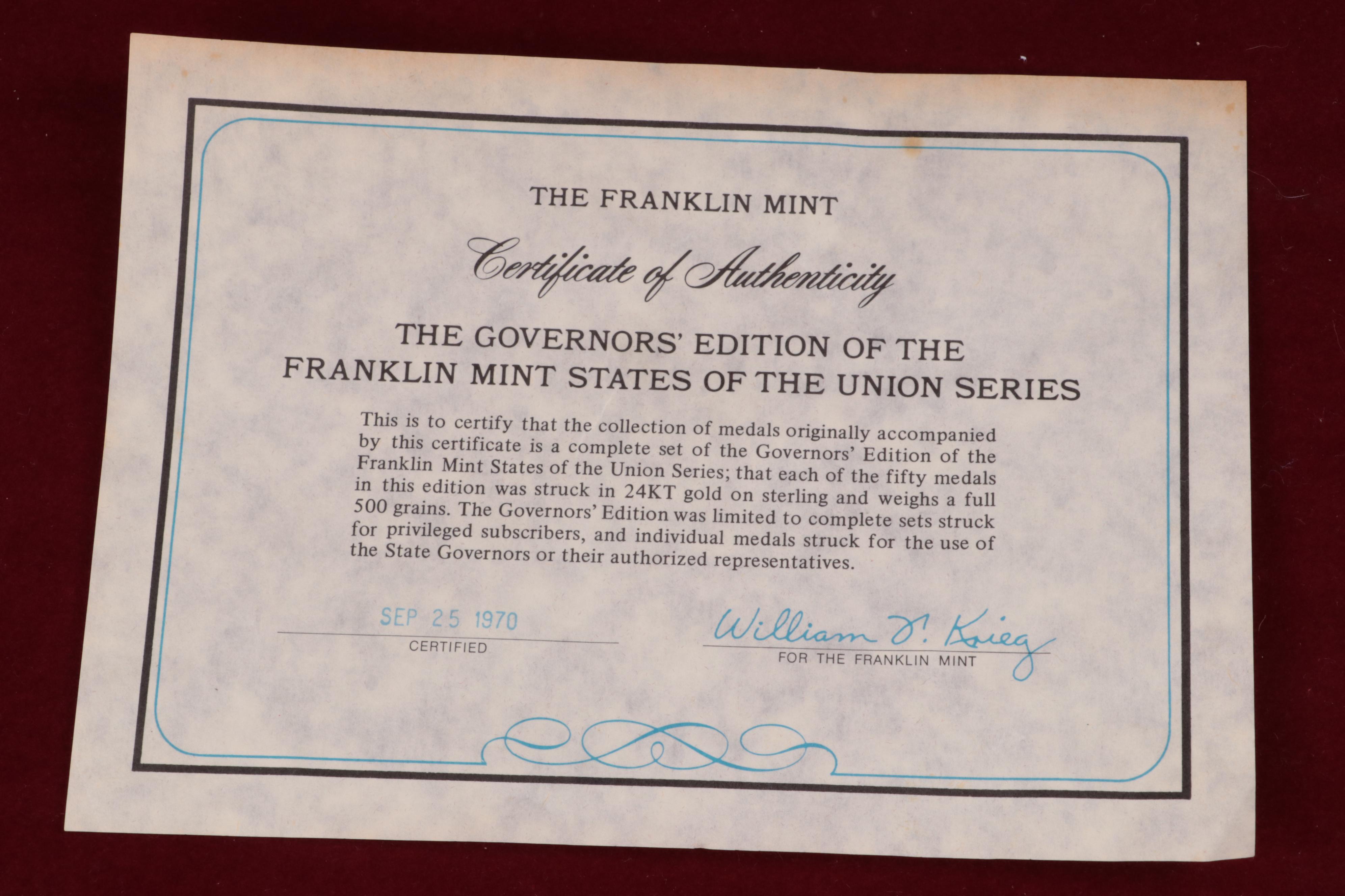 24K Gold Plated Sterling Silver Proof Commemorative State Medallions