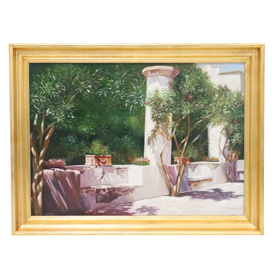 Oil Painting of Patio Scene, 21st Century