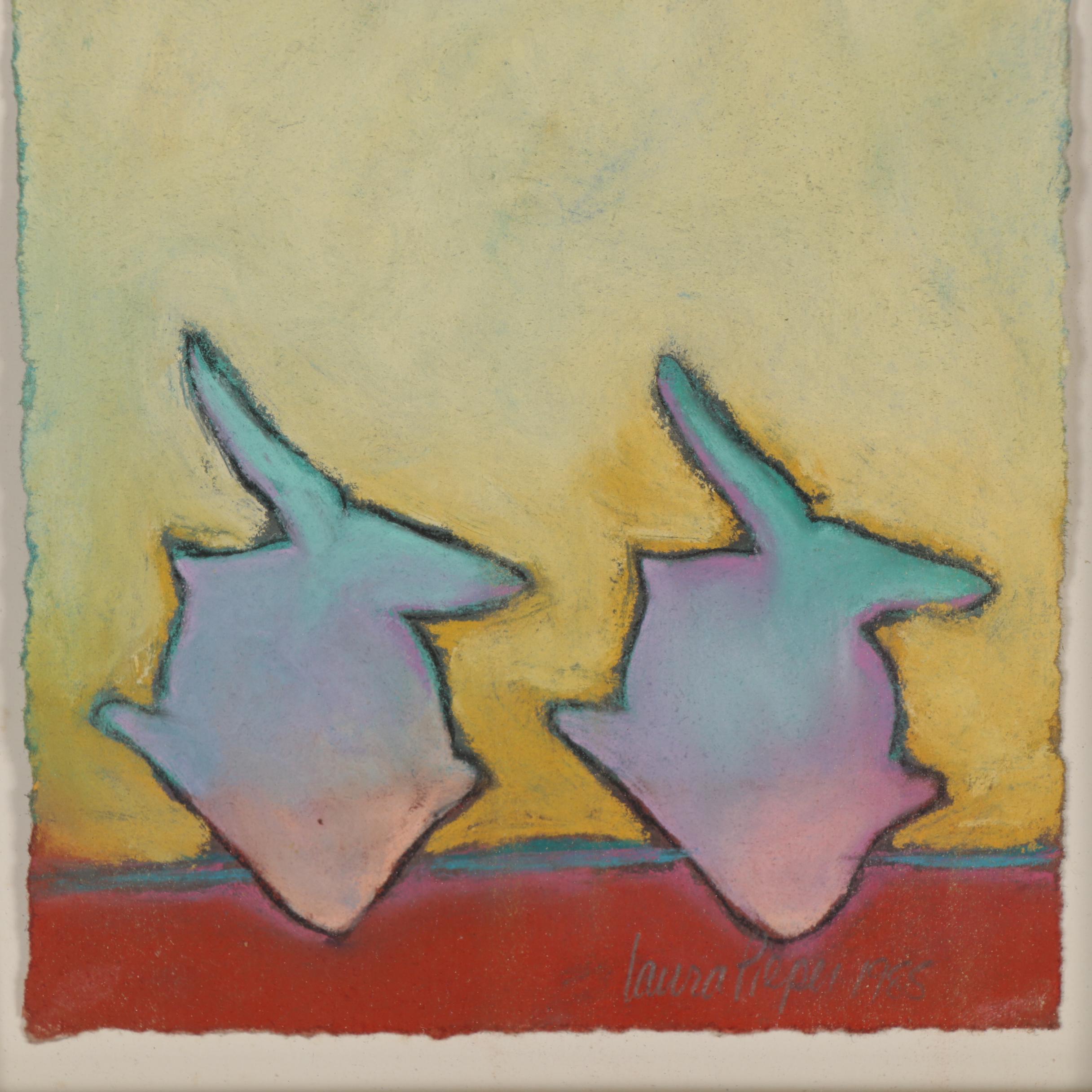 Laura Pieper Abstract Pastel Drawing of Fish, 1985