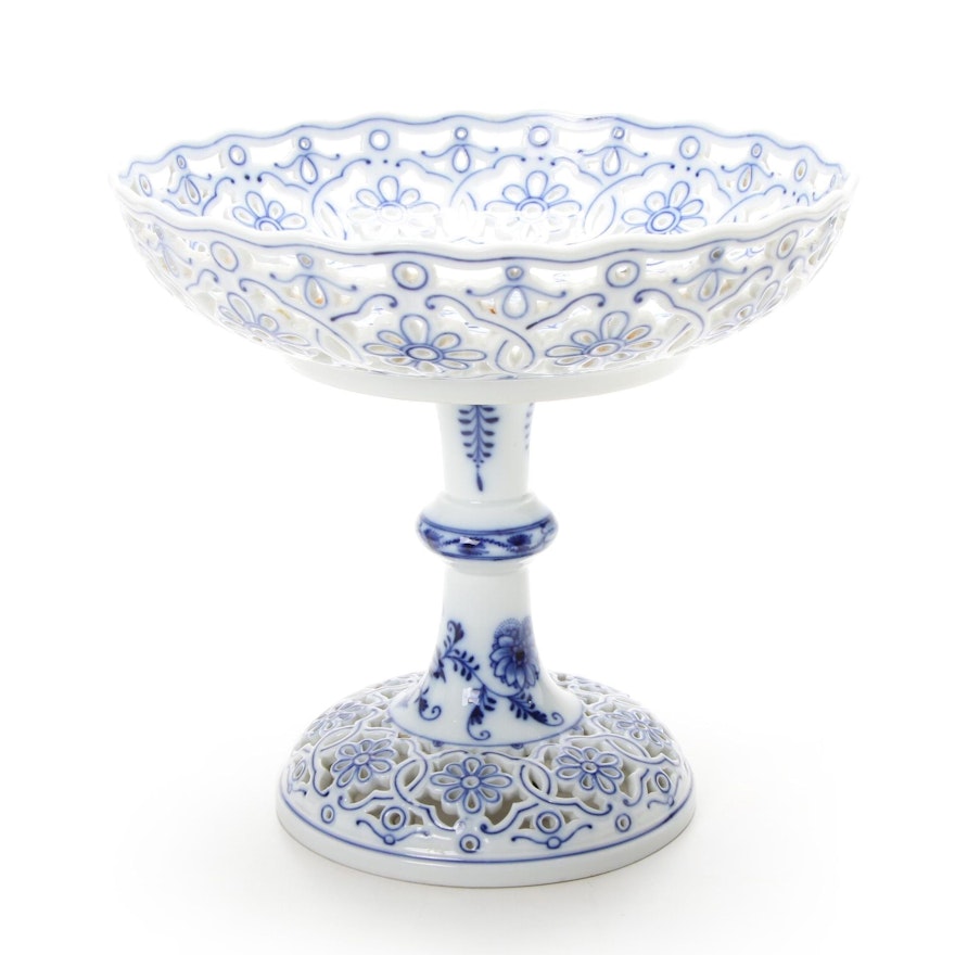 Carl Teichert  Blue Onion Porcelain Reticulated Compote, Late 19th/ Early 20th C