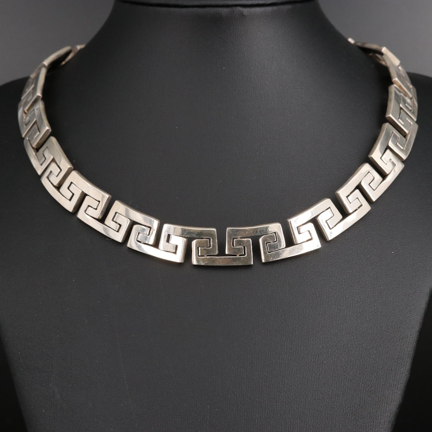 Vintage Mexican Sterling Silver Meander Link Collar