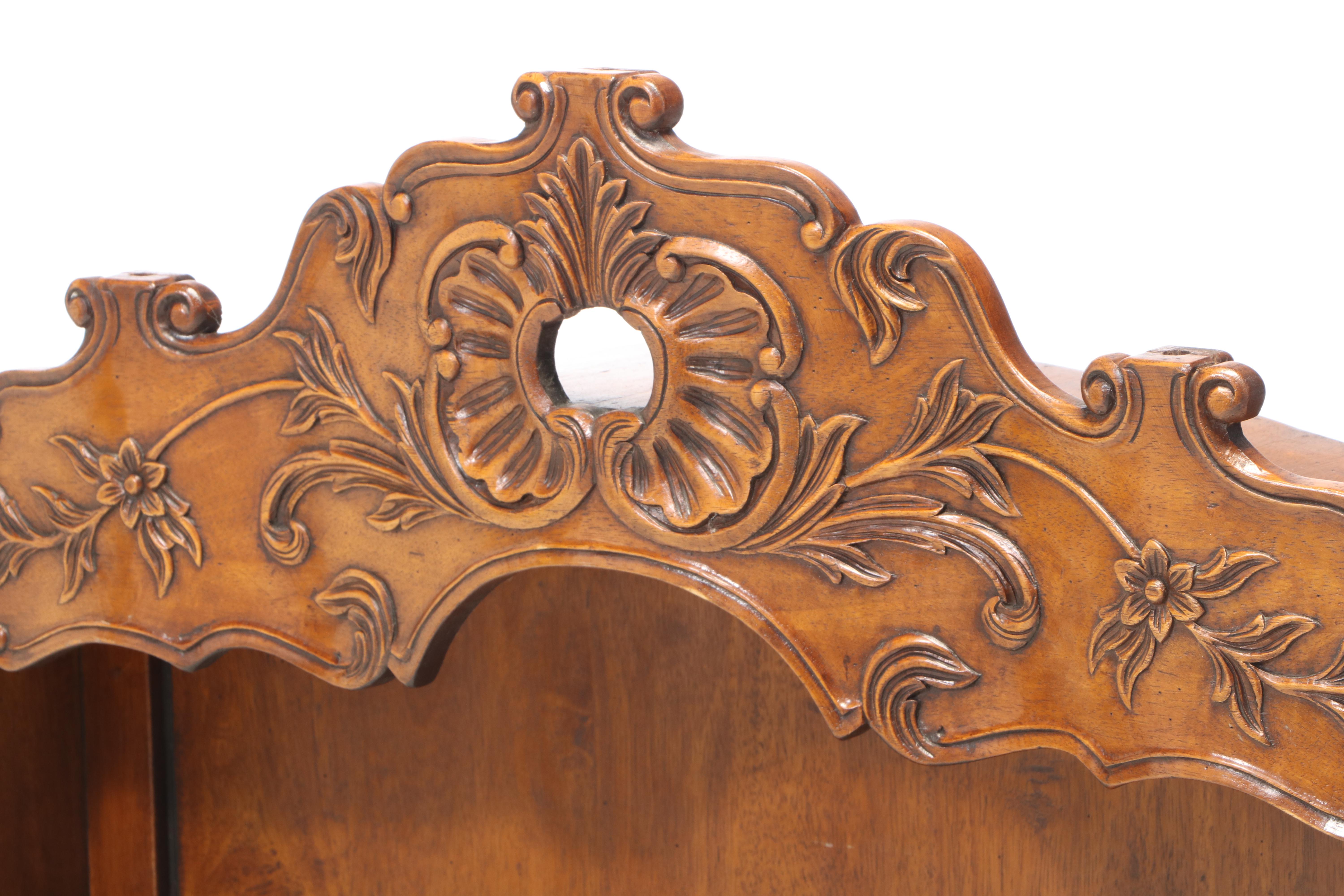 French Provincial Carved Walnut Hanging Cabinet with Plate Rail, Late 19th C.