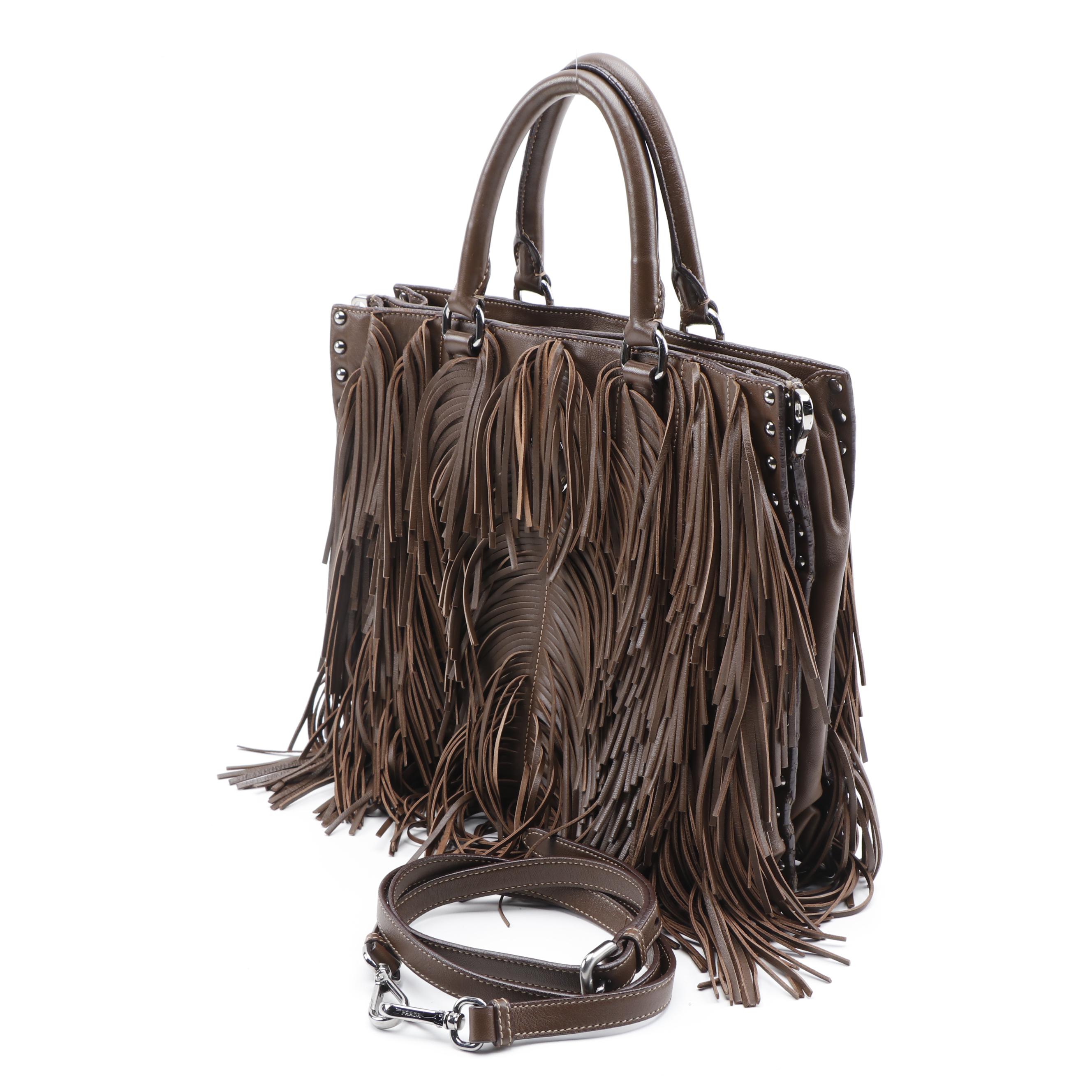 Prada Convertible Studded Fringe Two-Way Tote in Brown Nappa Leather