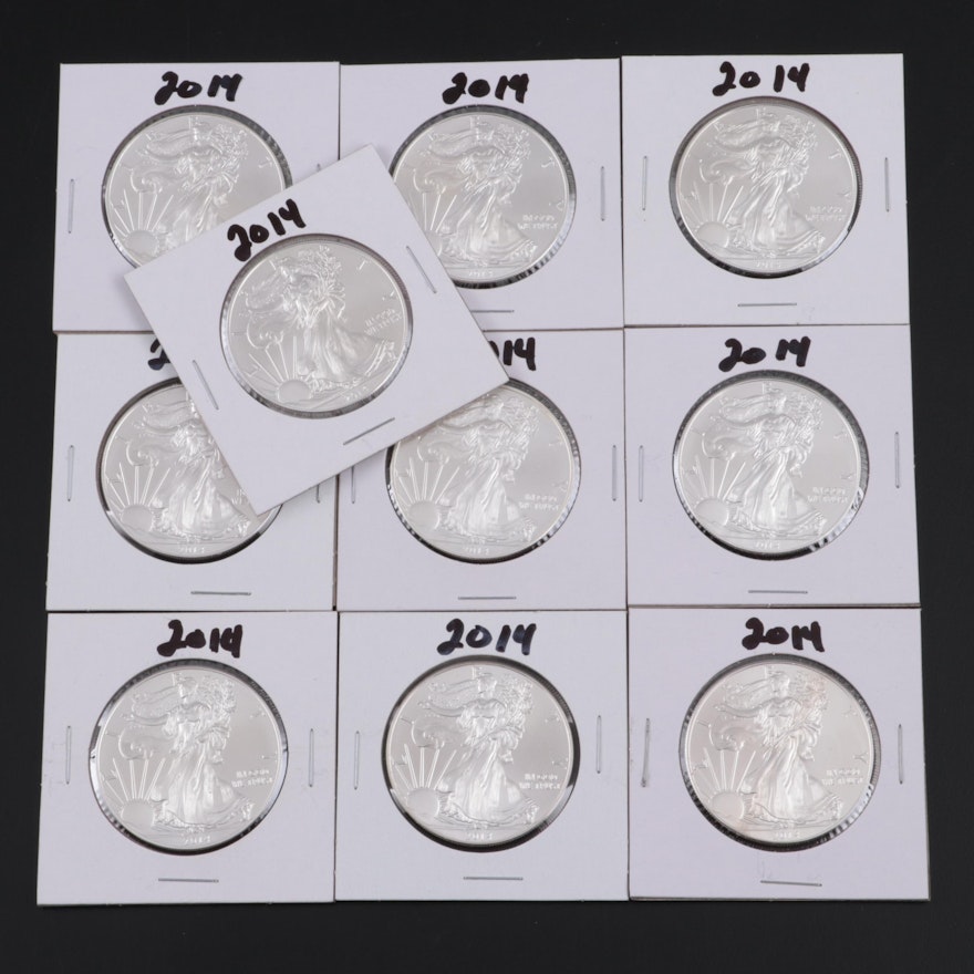 Ten 2014 American Silver Eagle Bullion Coins