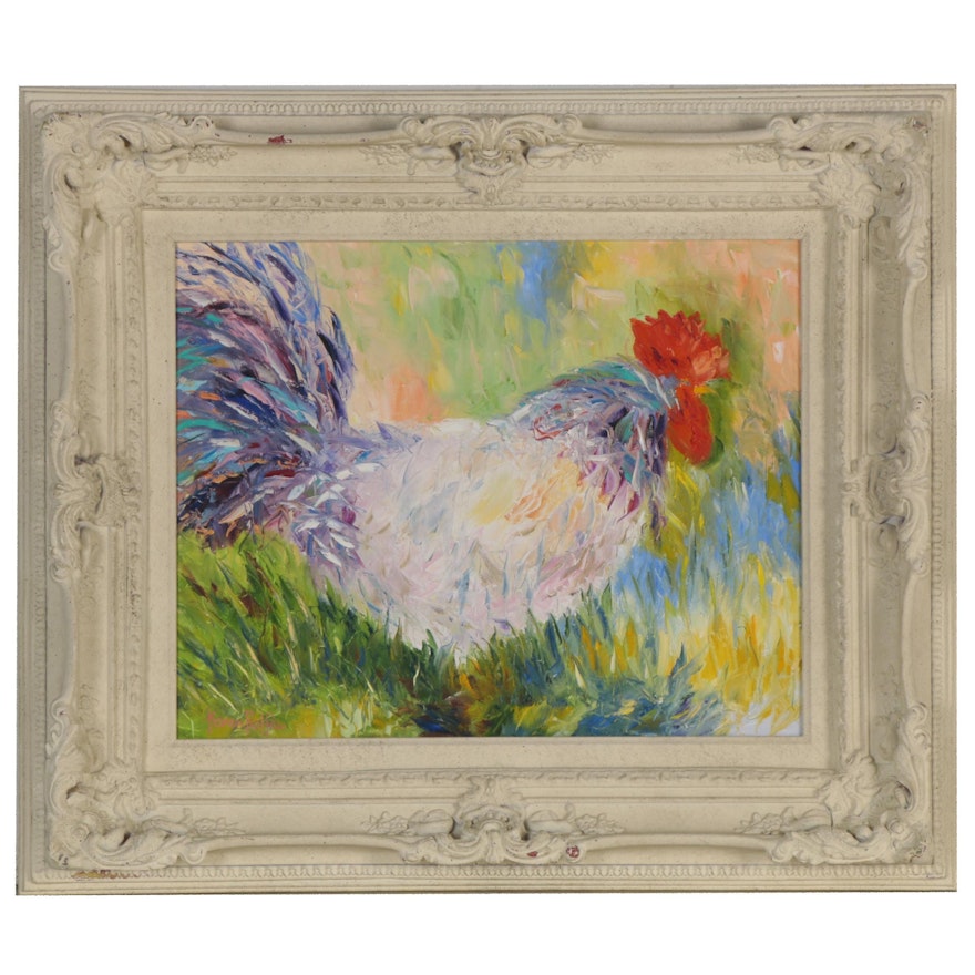 Karen Rolfes Oil Painting of a Rooster, 21st Century