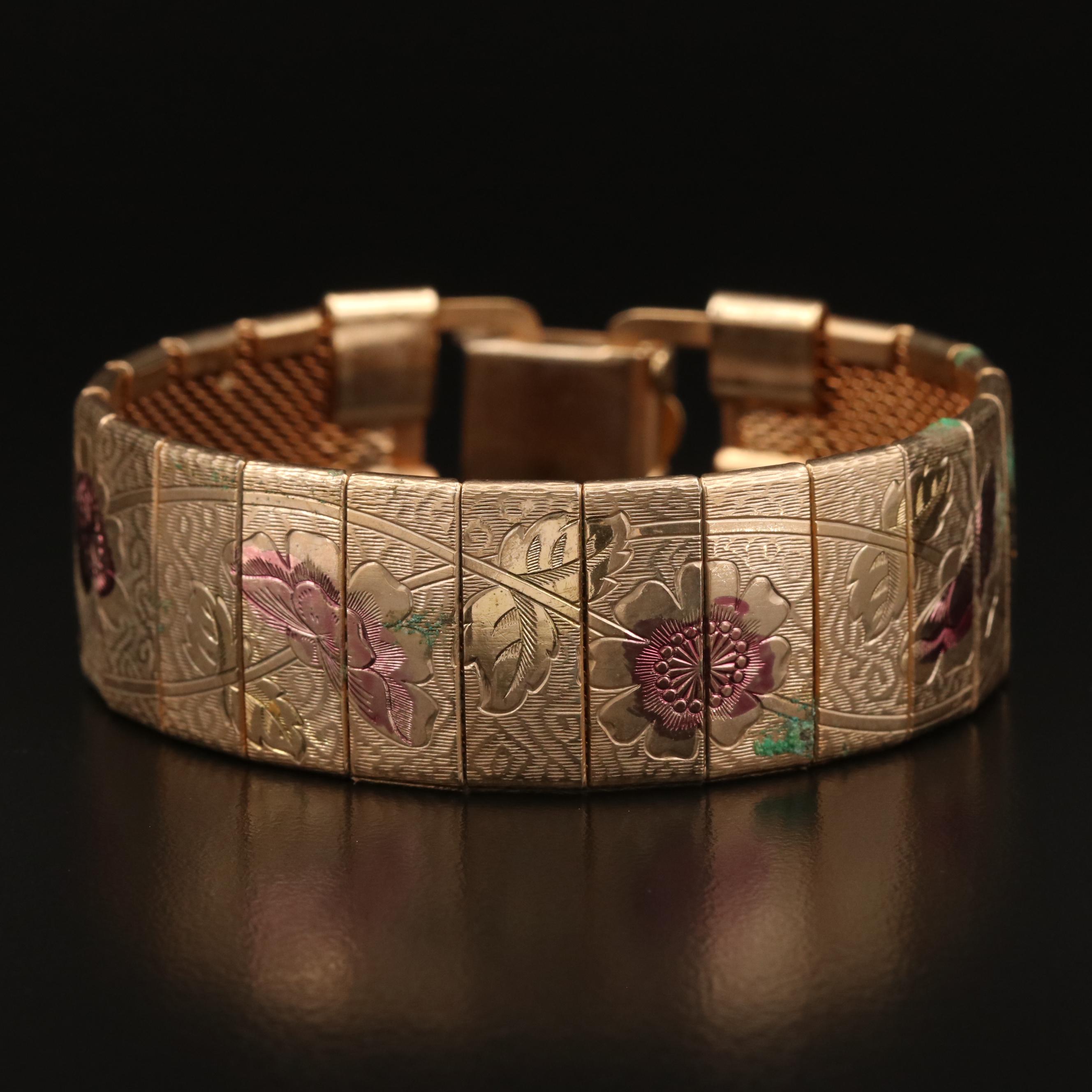 Vintage Foliate Pattern Panel Link Bracelet with Enamel Accents