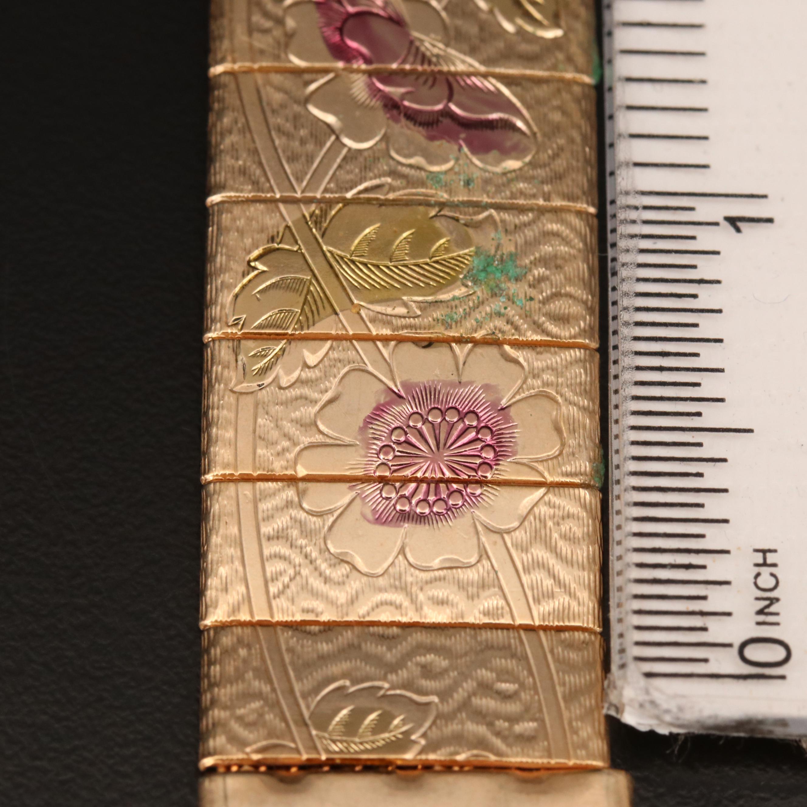 Vintage Foliate Pattern Panel Link Bracelet with Enamel Accents