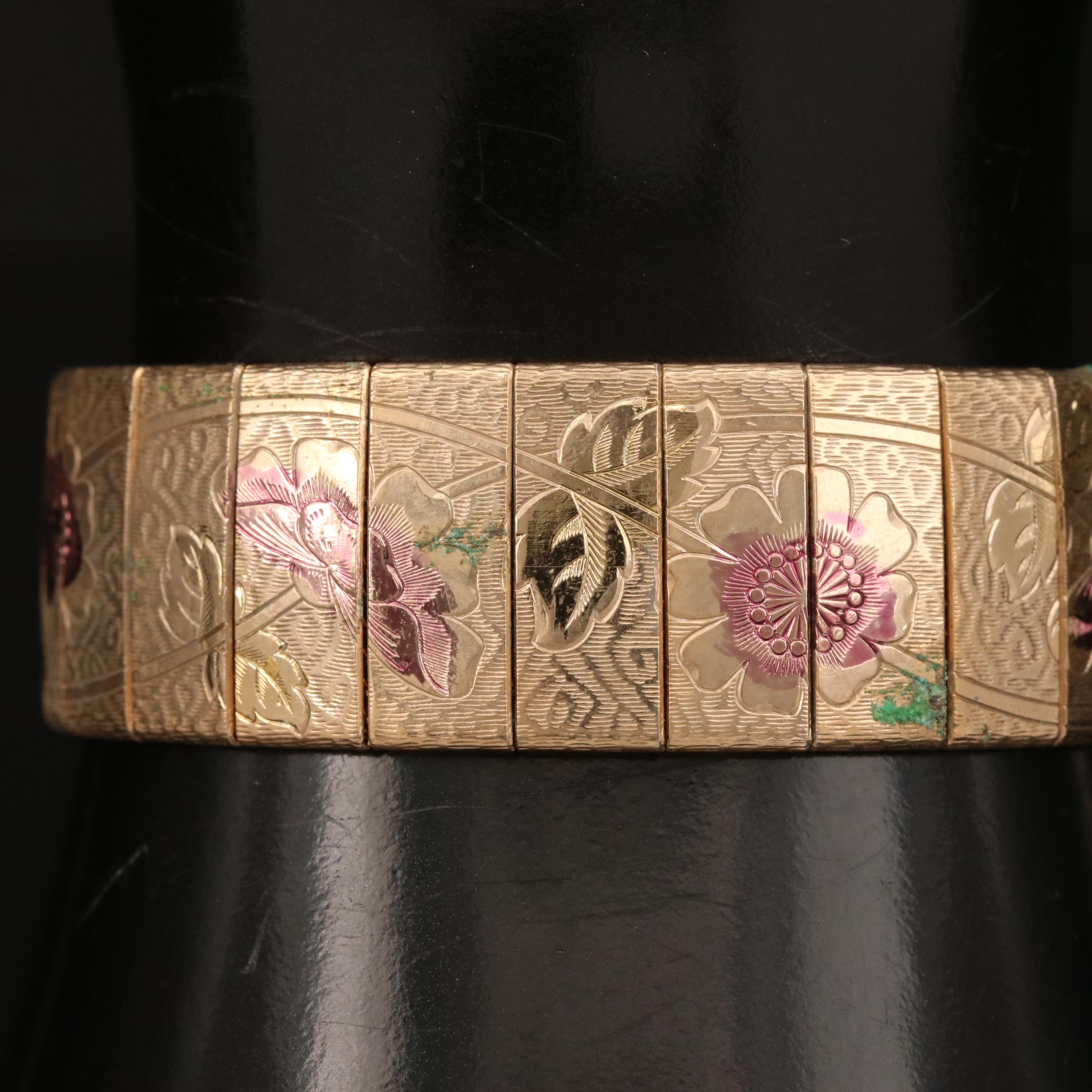 Vintage Foliate Pattern Panel Link Bracelet with Enamel Accents