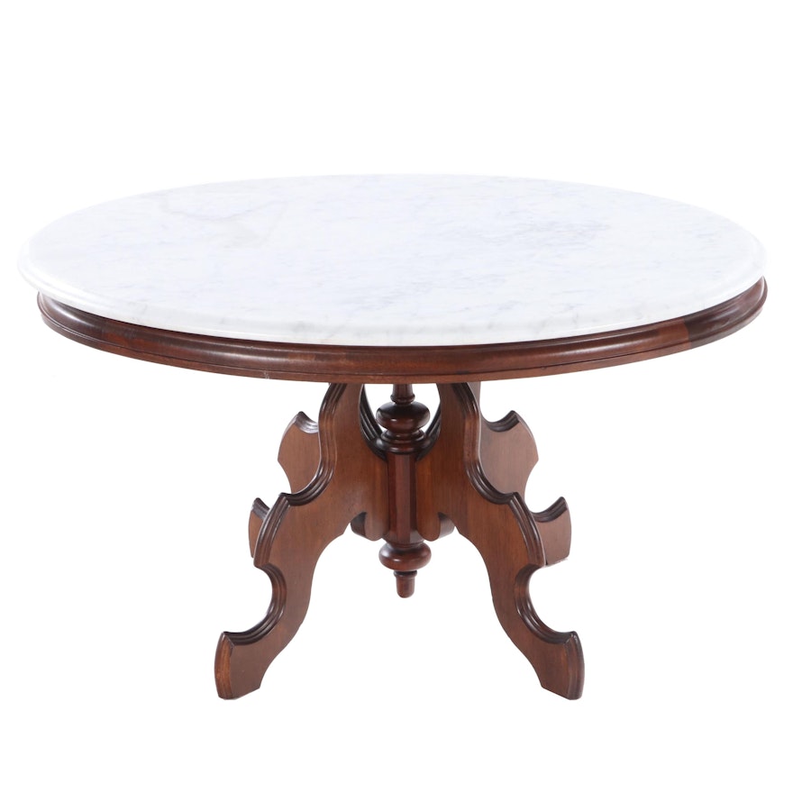 Victorian Style Walnut and White Marble Coffee Table, 20th Century