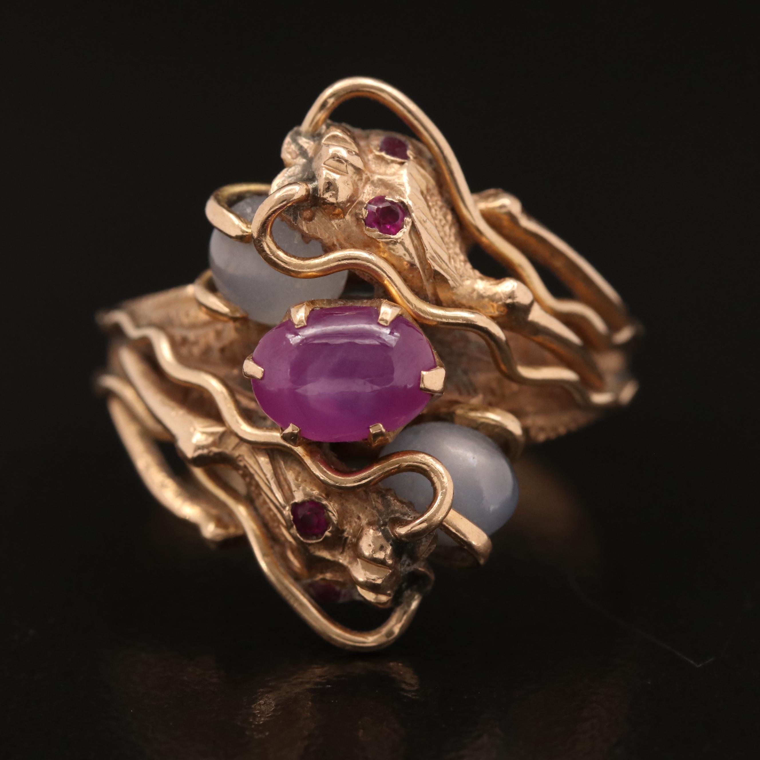 Vintage T.Y. Lee 14K Star Ruby and Star Sapphire Dragon Ring