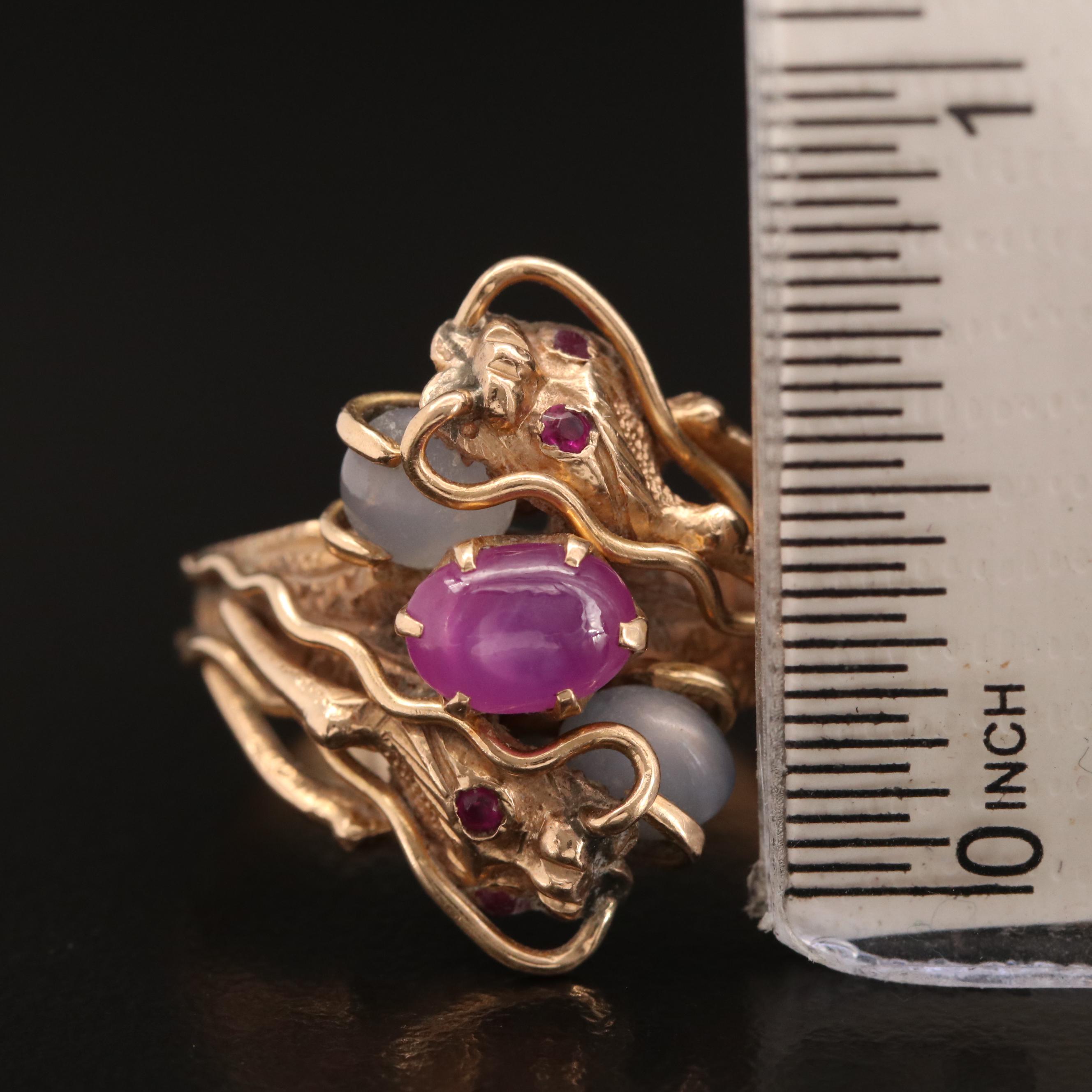 Vintage T.Y. Lee 14K Star Ruby and Star Sapphire Dragon Ring