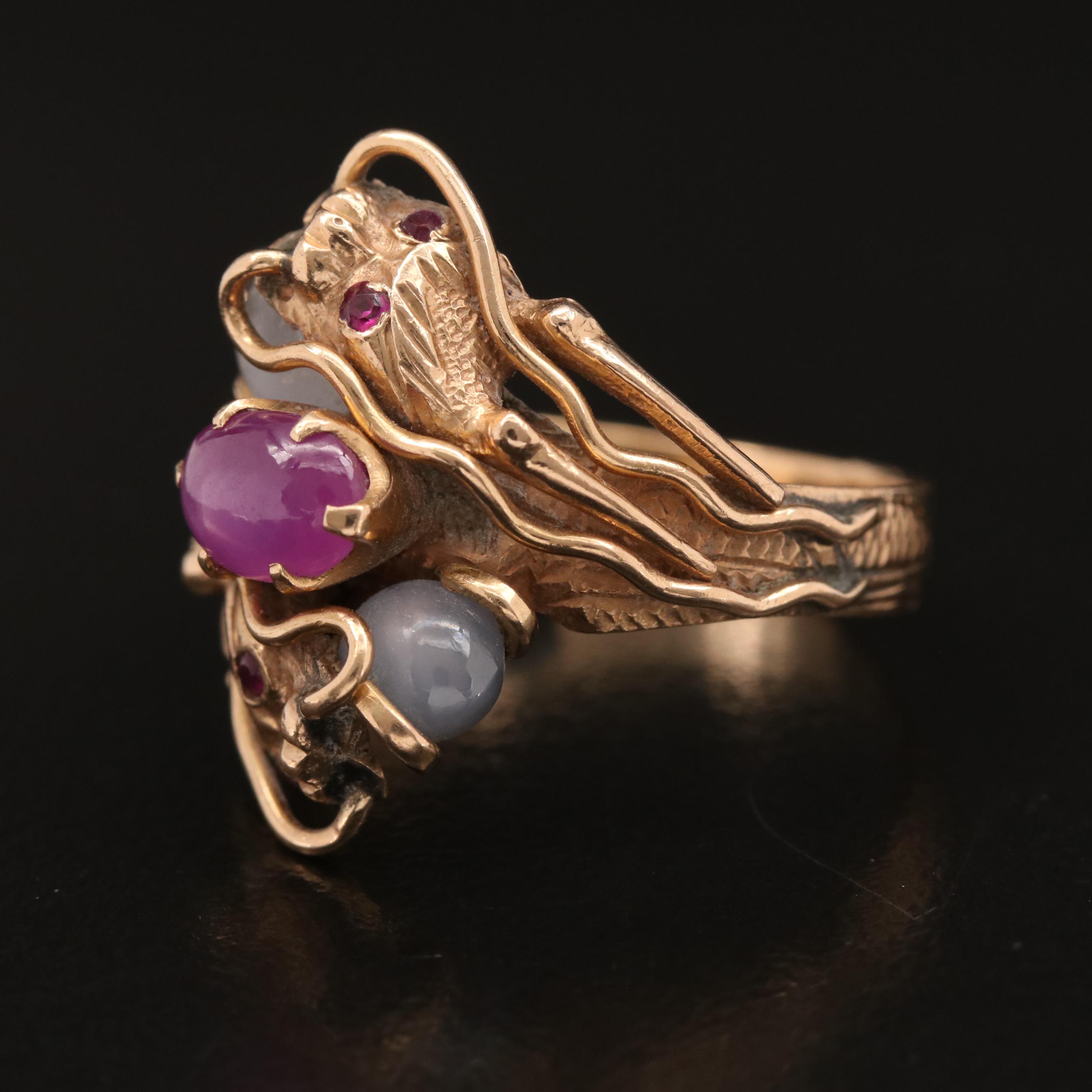 Vintage T.Y. Lee 14K Star Ruby and Star Sapphire Dragon Ring