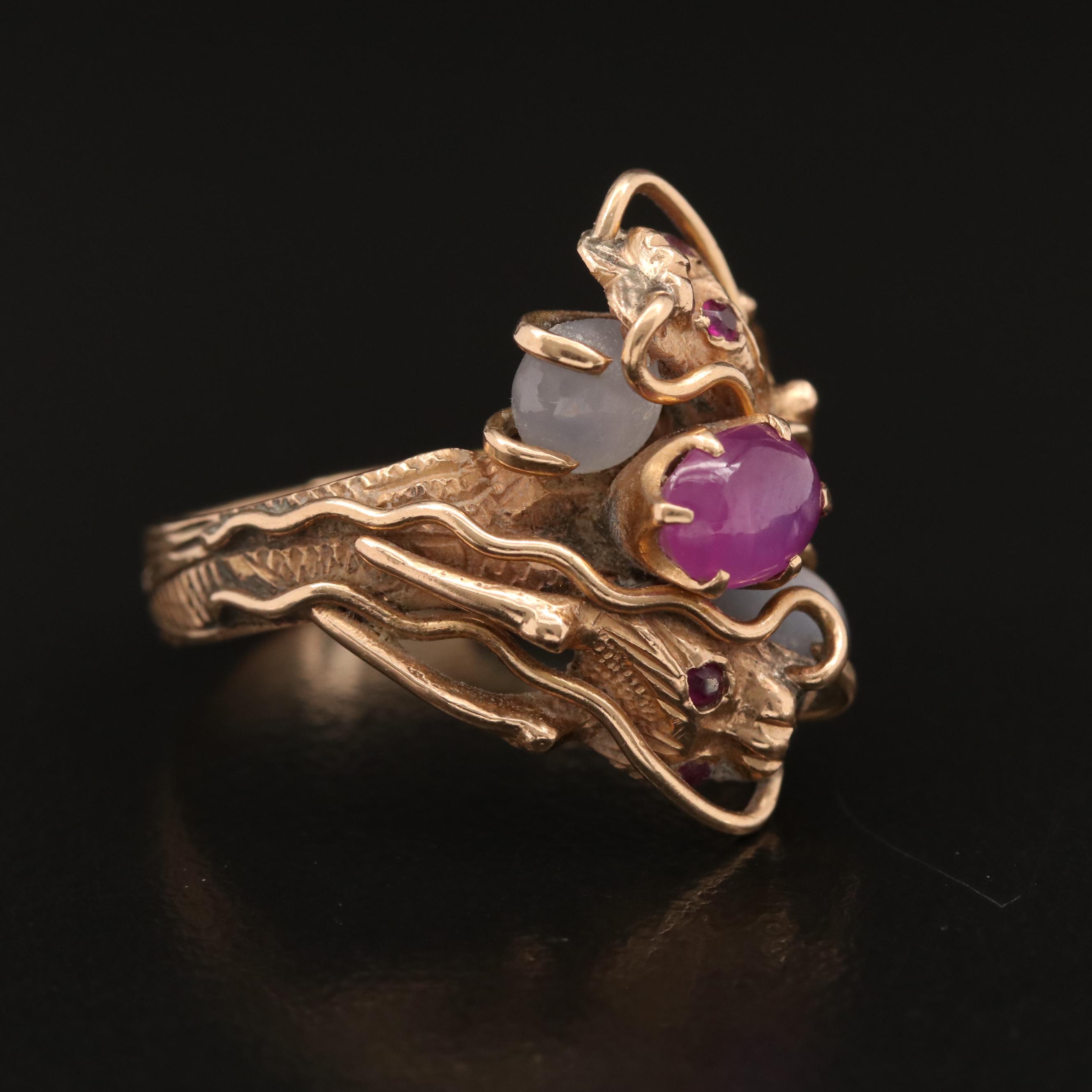 Vintage T.Y. Lee 14K Star Ruby and Star Sapphire Dragon Ring