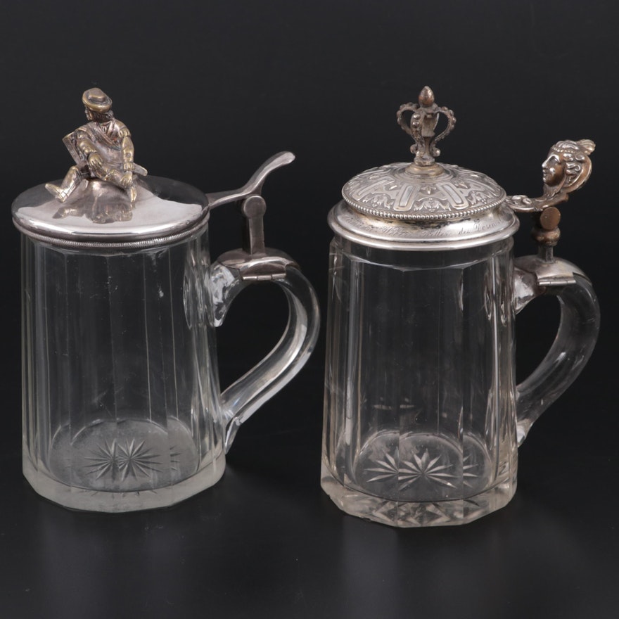 German Commemorative Glass Beer Steins with 800 and Silver Plate Lids
