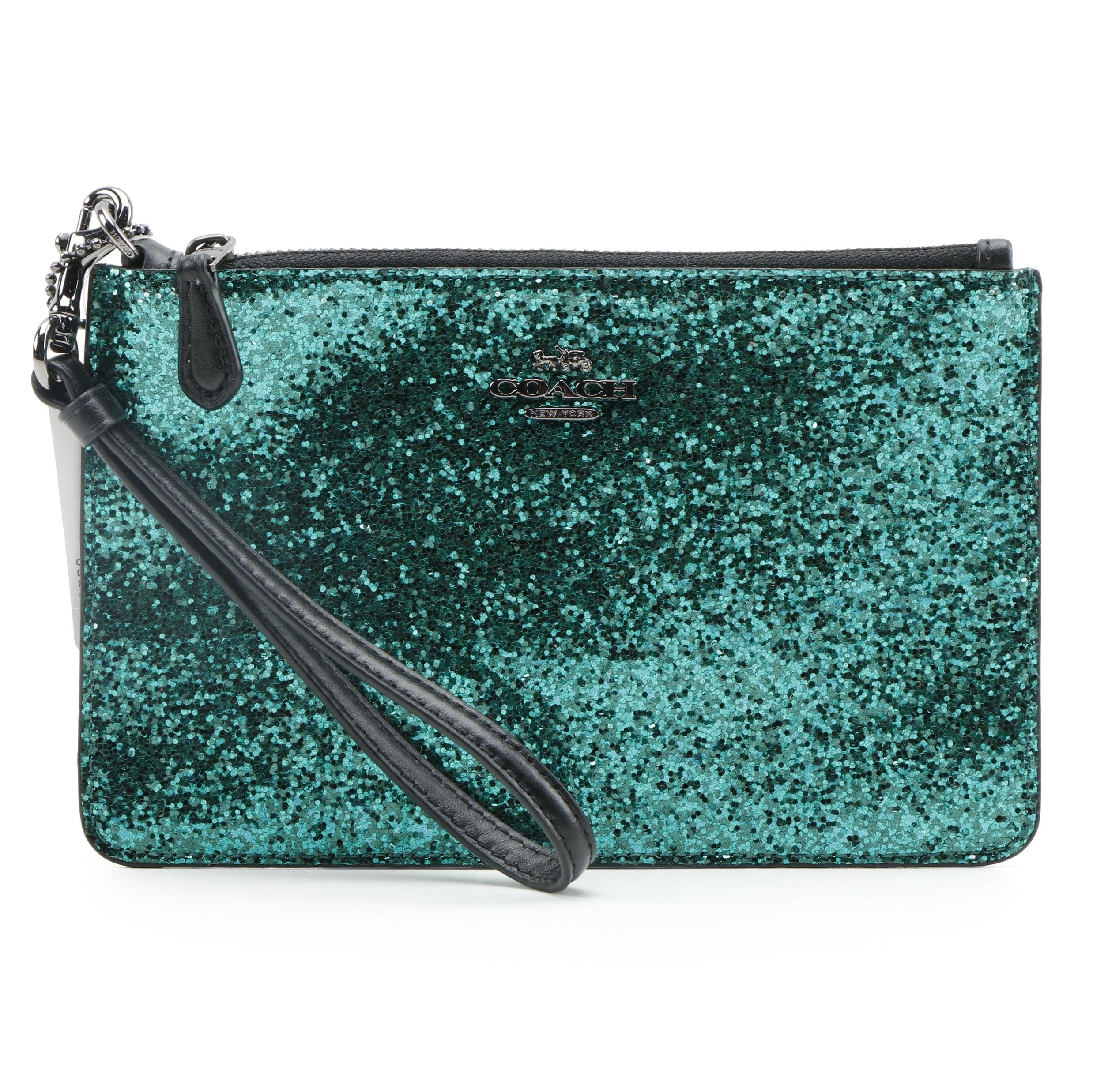 Coach Wizard of Oz Green Glitter Wristlet with Black Leather Trim and Box