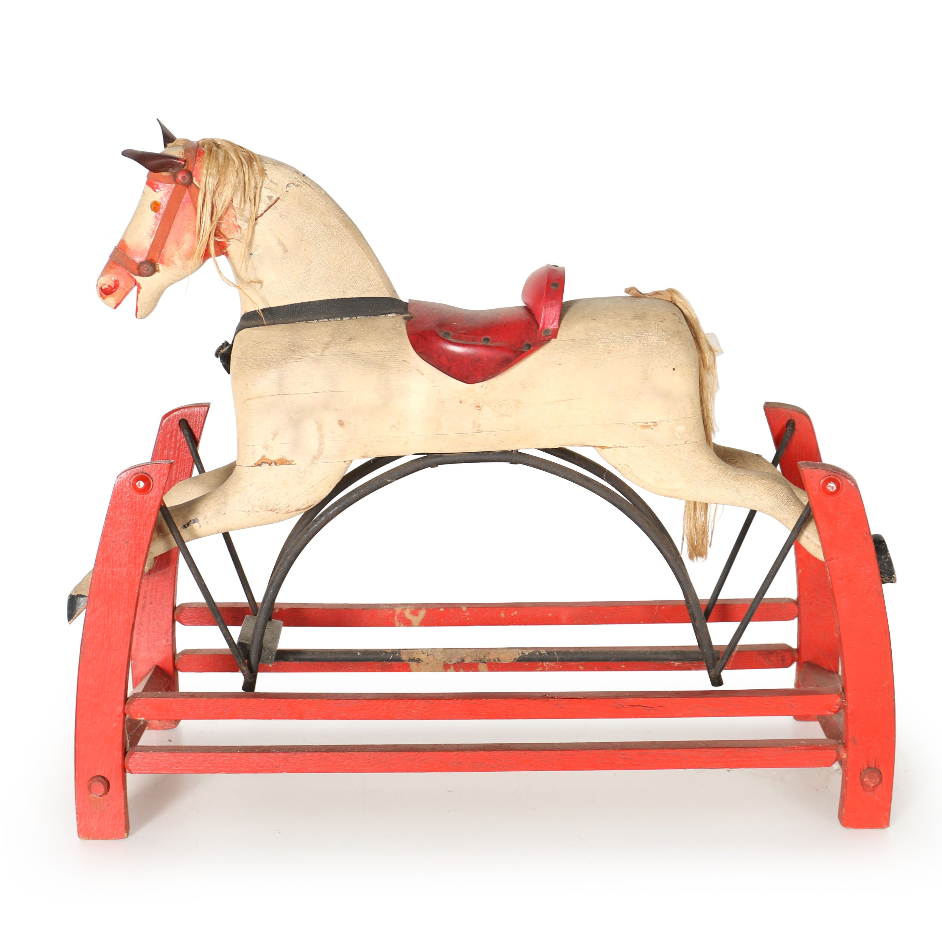 Victorian Wooden Rocking Horse in Period Paint, Late 19th Century