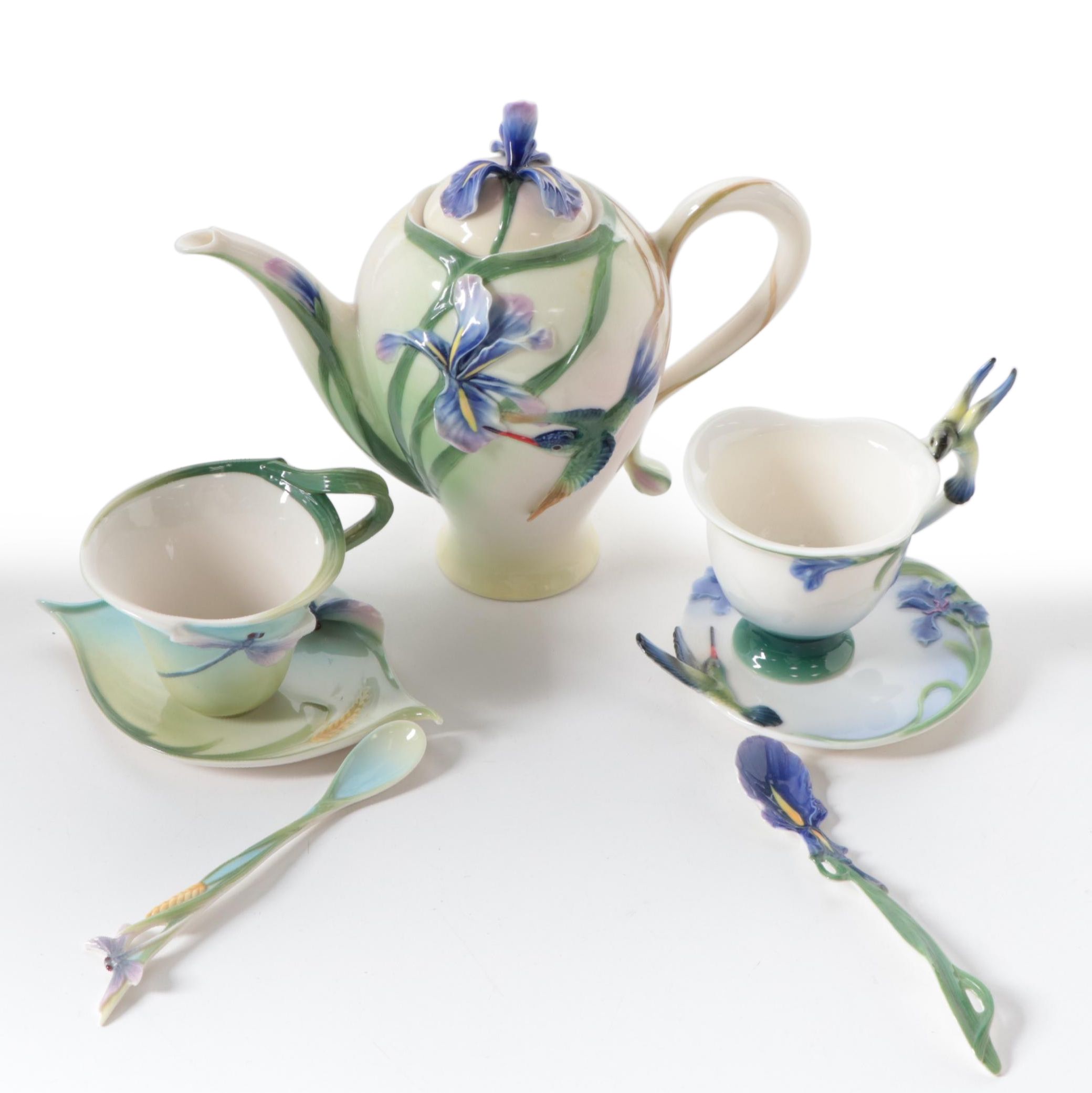 Franz Porcelain Hummingbird Teapot, Teacup Set and Other Tea Bag Rests