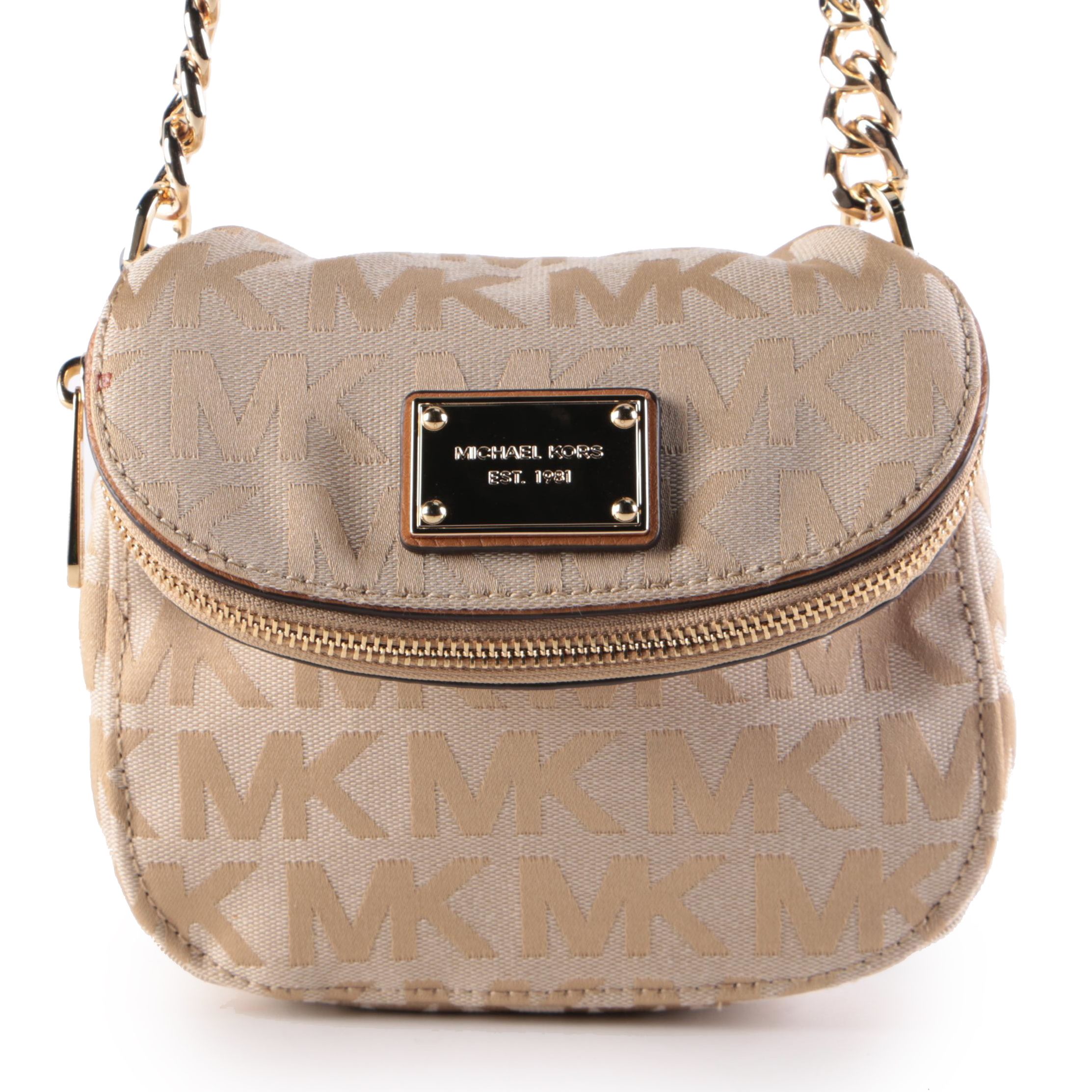 MICHAEL Michael Kors Beige Fabric Crossbody Bag with Leather Chain Link Strap