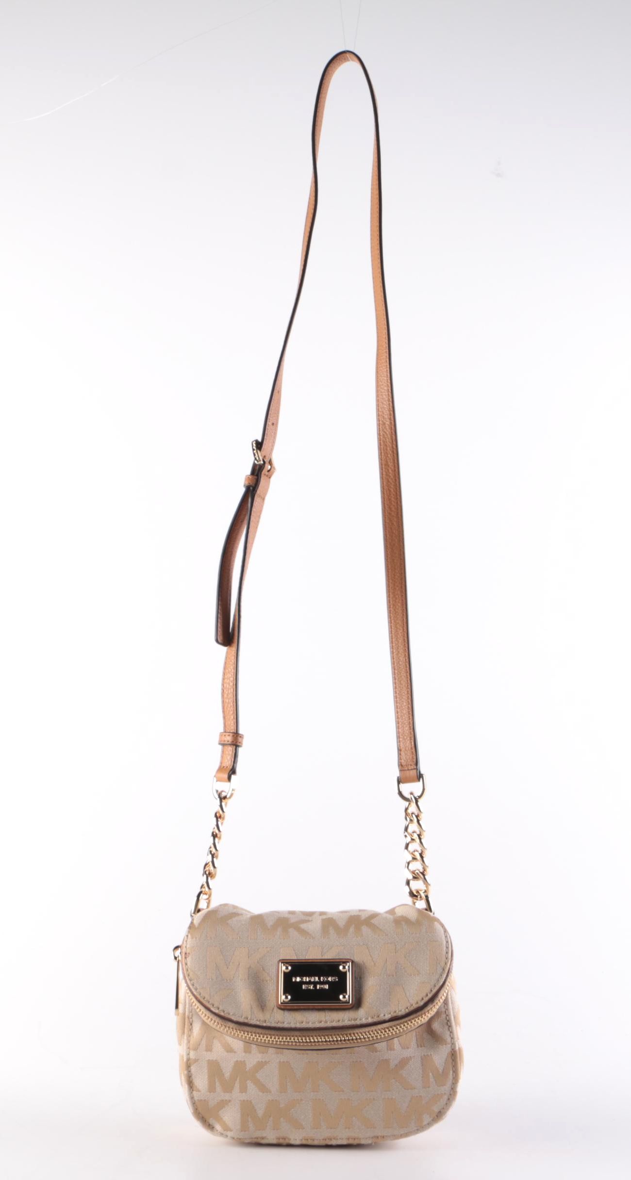 MICHAEL Michael Kors Beige Fabric Crossbody Bag with Leather Chain Link Strap