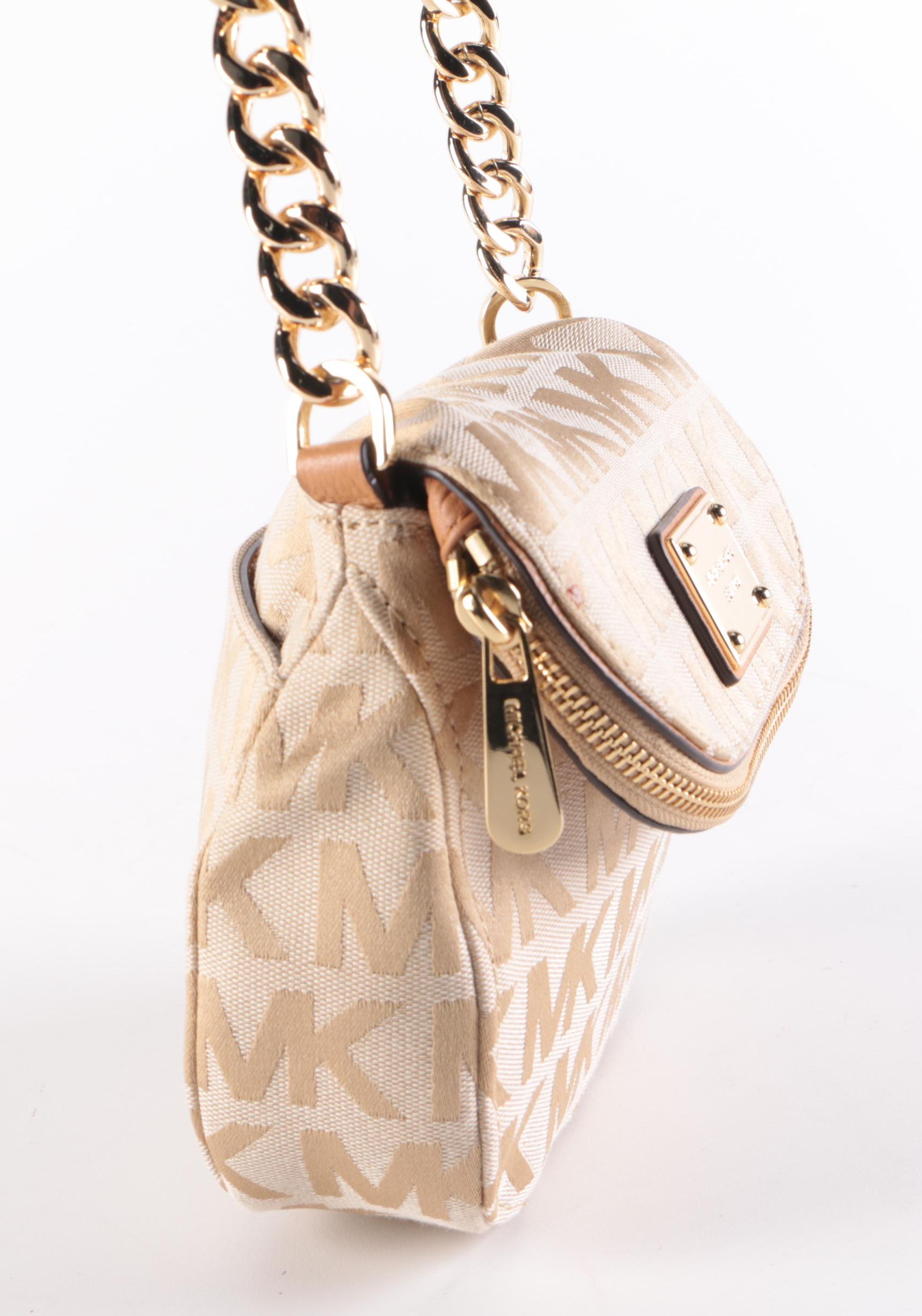 MICHAEL Michael Kors Beige Fabric Crossbody Bag with Leather Chain Link Strap