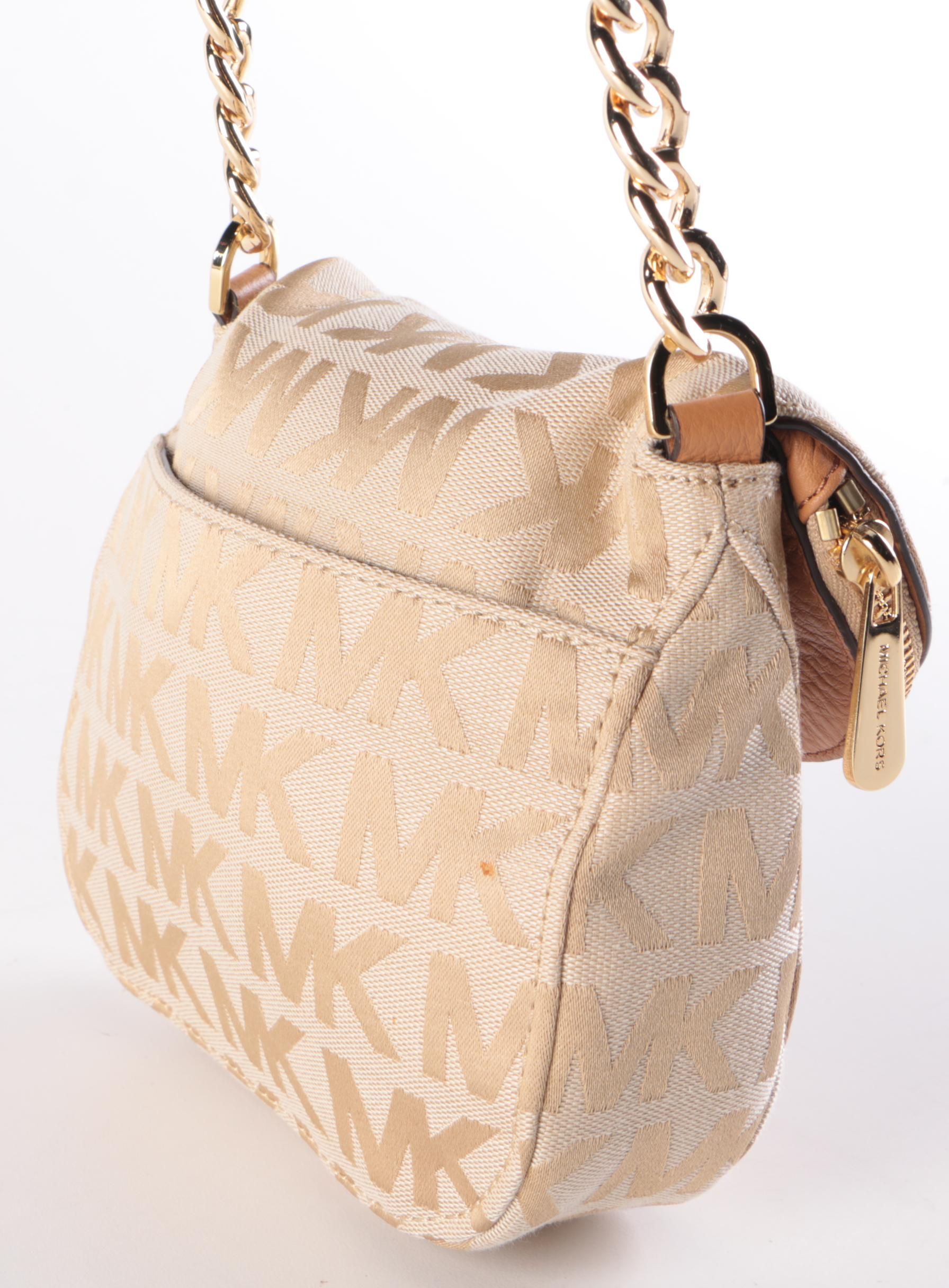MICHAEL Michael Kors Beige Fabric Crossbody Bag with Leather Chain Link Strap