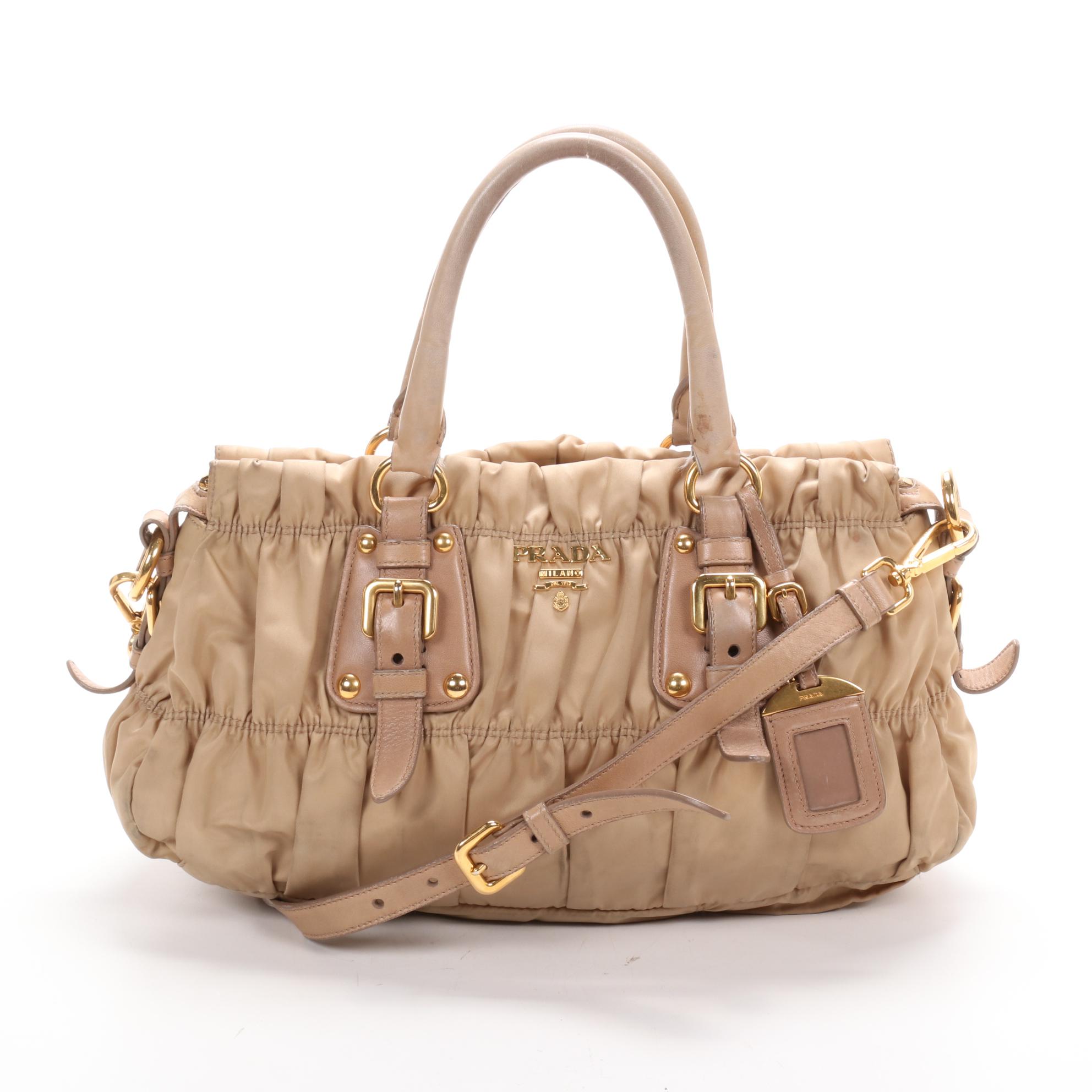 Prada Gaufre Ruched Two-Way Shoulder Bag in Beige Tessuto Nylon and Leather