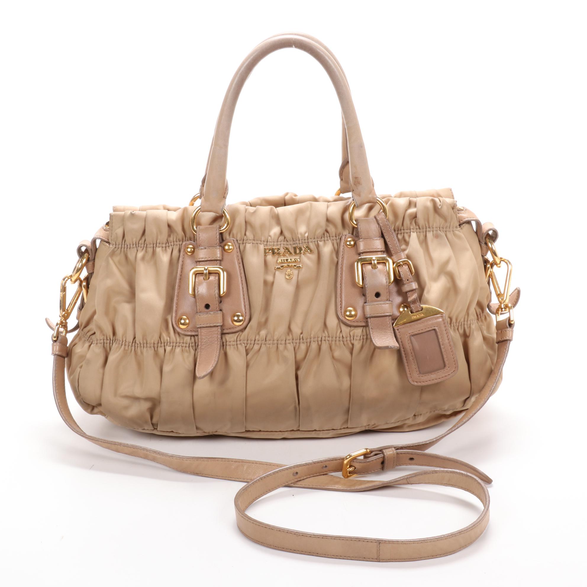 Prada Gaufre Ruched Two-Way Shoulder Bag in Beige Tessuto Nylon and Leather