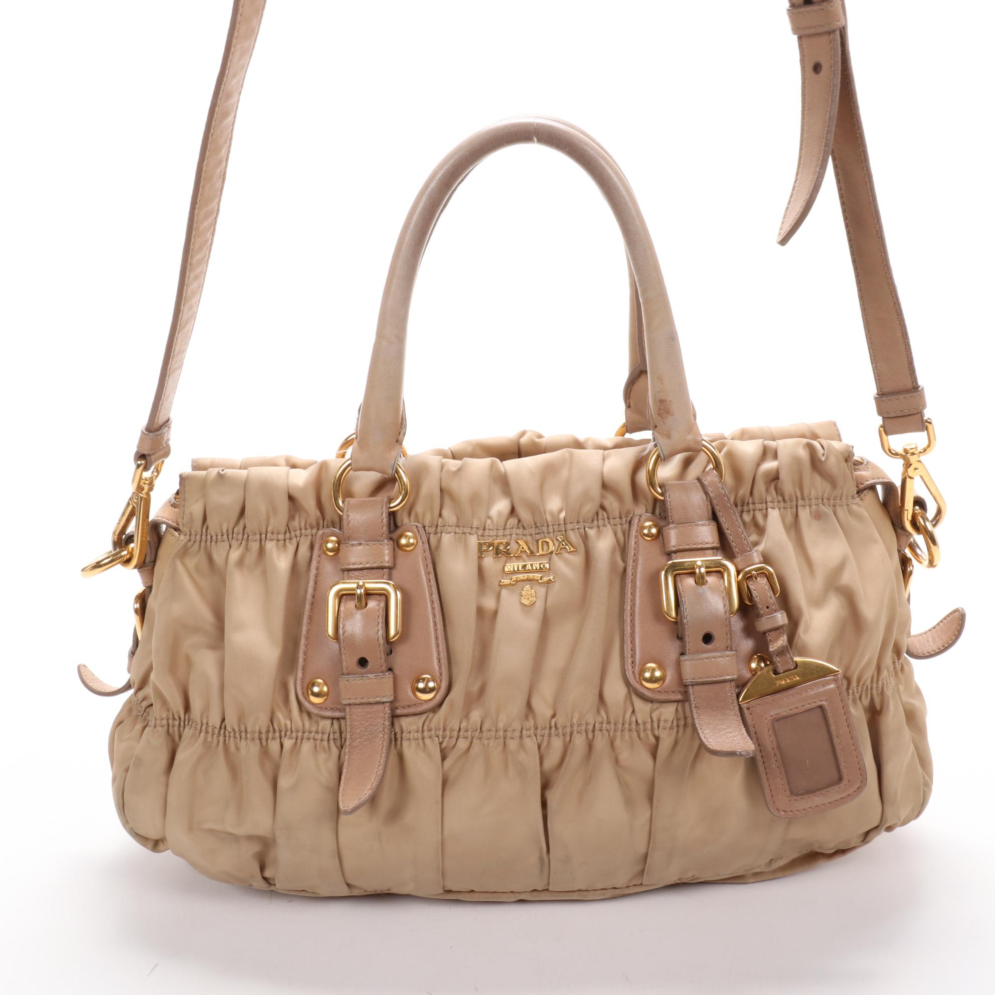 Prada Gaufre Ruched Two-Way Shoulder Bag in Beige Tessuto Nylon and Leather