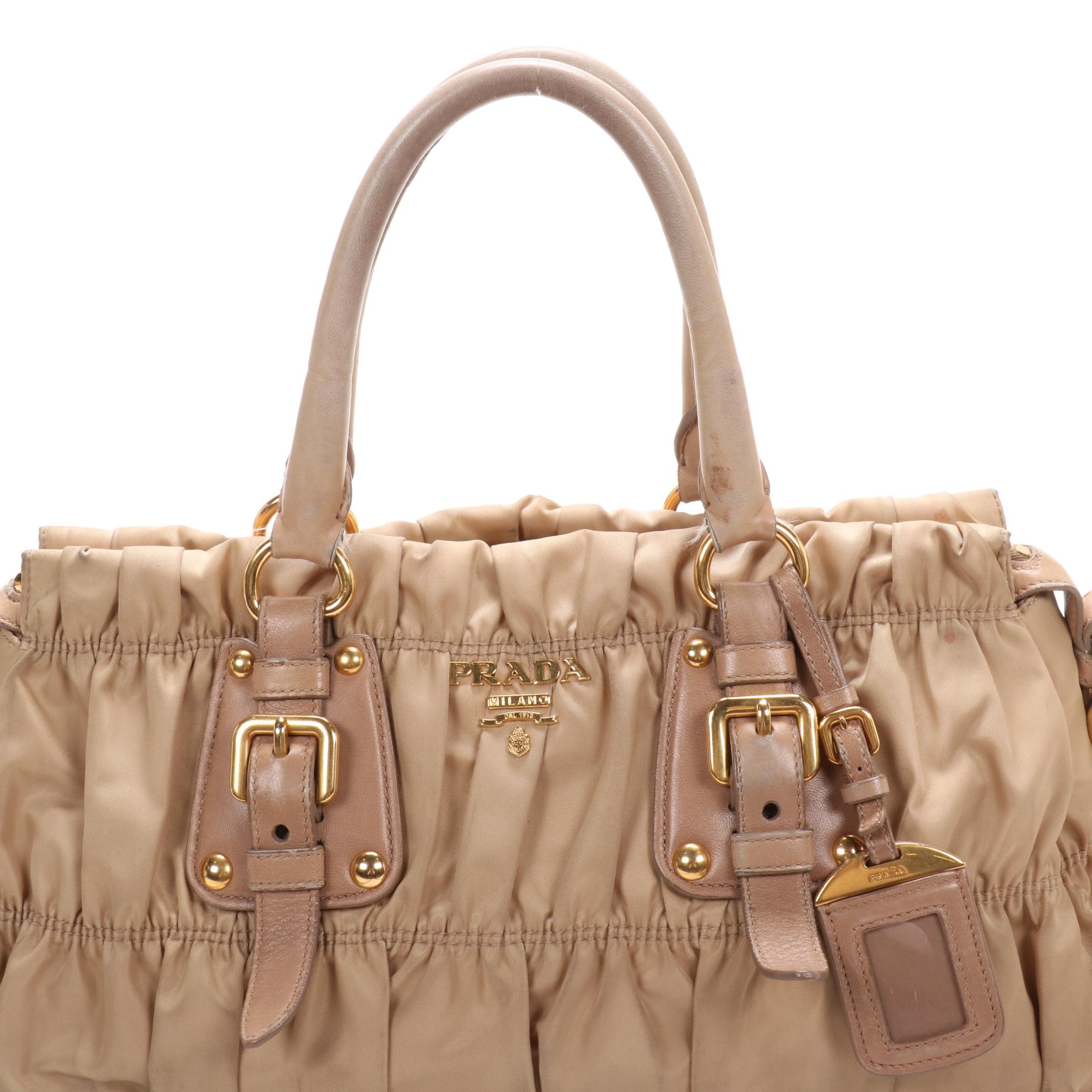Prada Gaufre Ruched Two-Way Shoulder Bag in Beige Tessuto Nylon and Leather