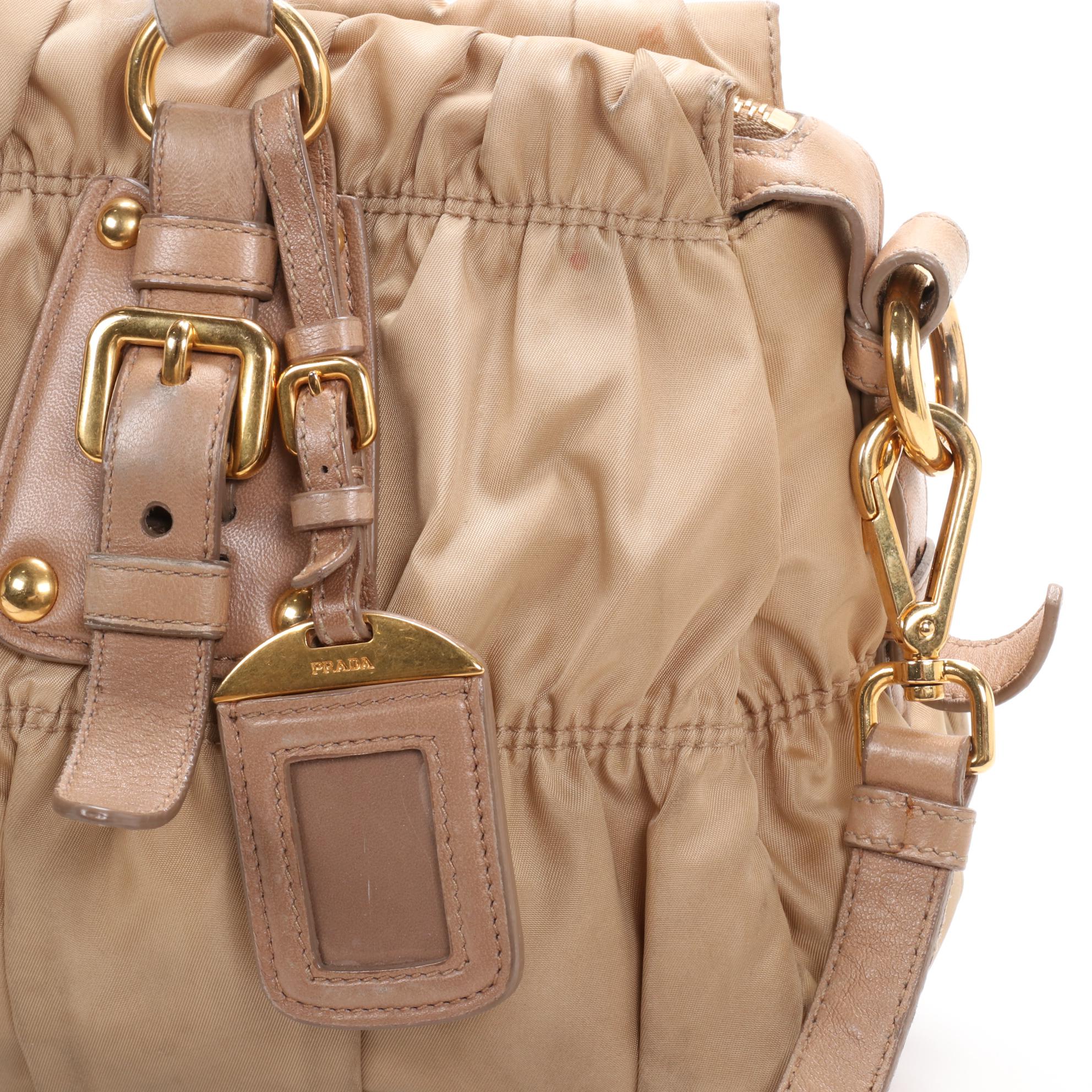 Prada Gaufre Ruched Two-Way Shoulder Bag in Beige Tessuto Nylon and Leather