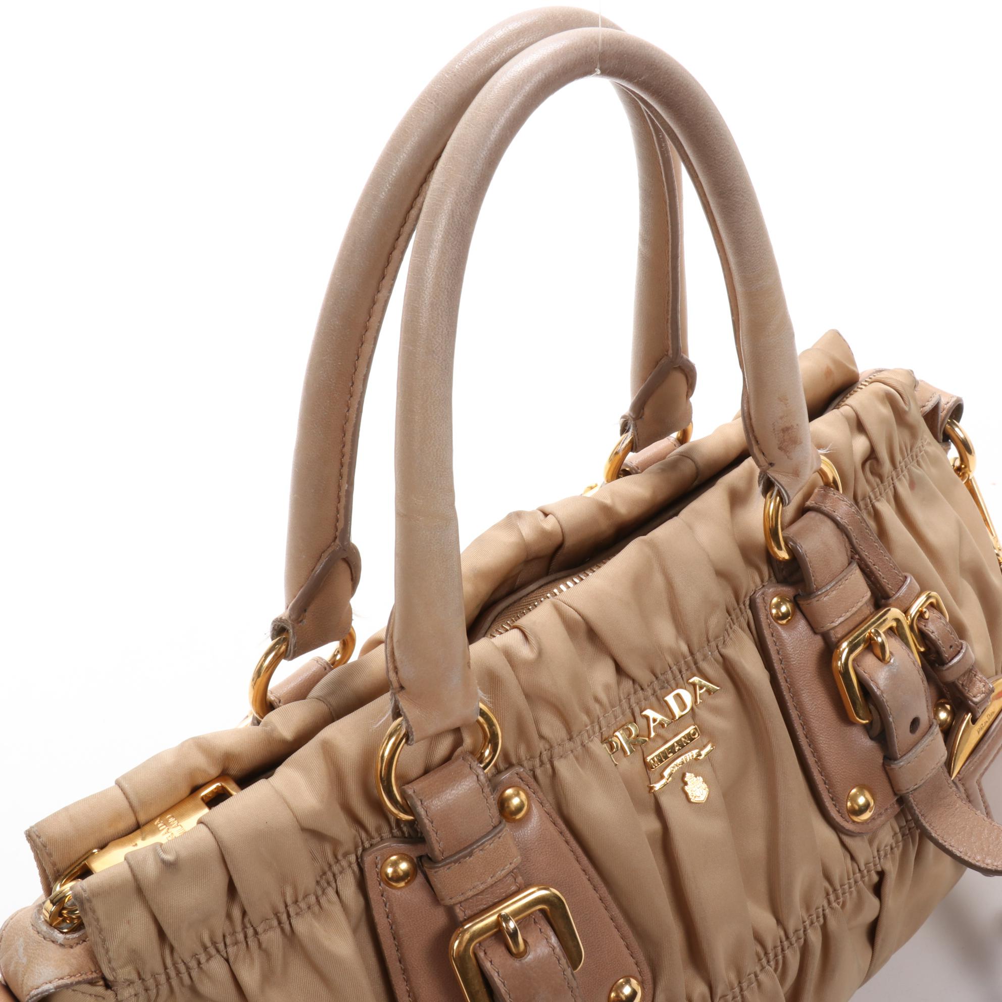 Prada Gaufre Ruched Two-Way Shoulder Bag in Beige Tessuto Nylon and Leather