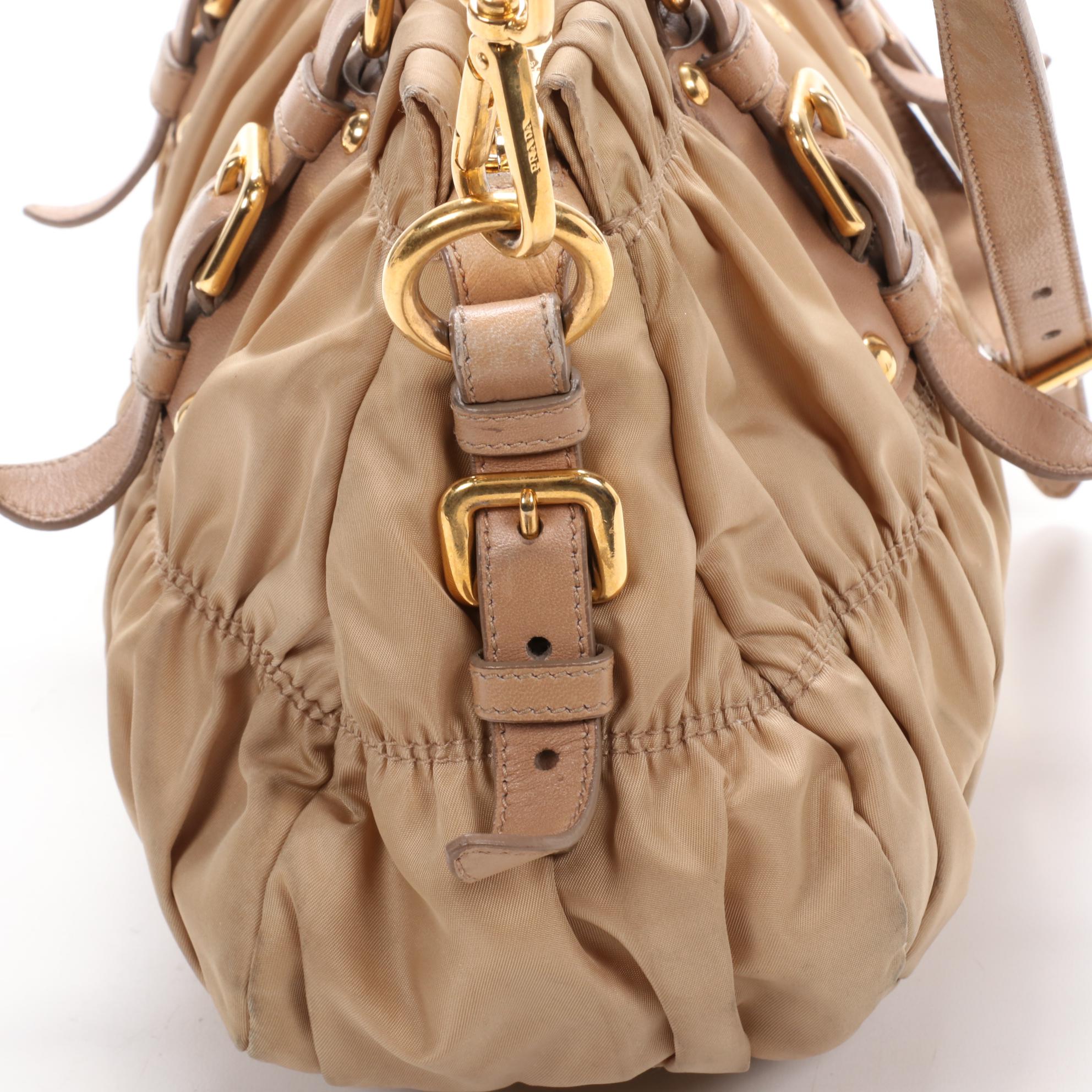 Prada Gaufre Ruched Two-Way Shoulder Bag in Beige Tessuto Nylon and Leather