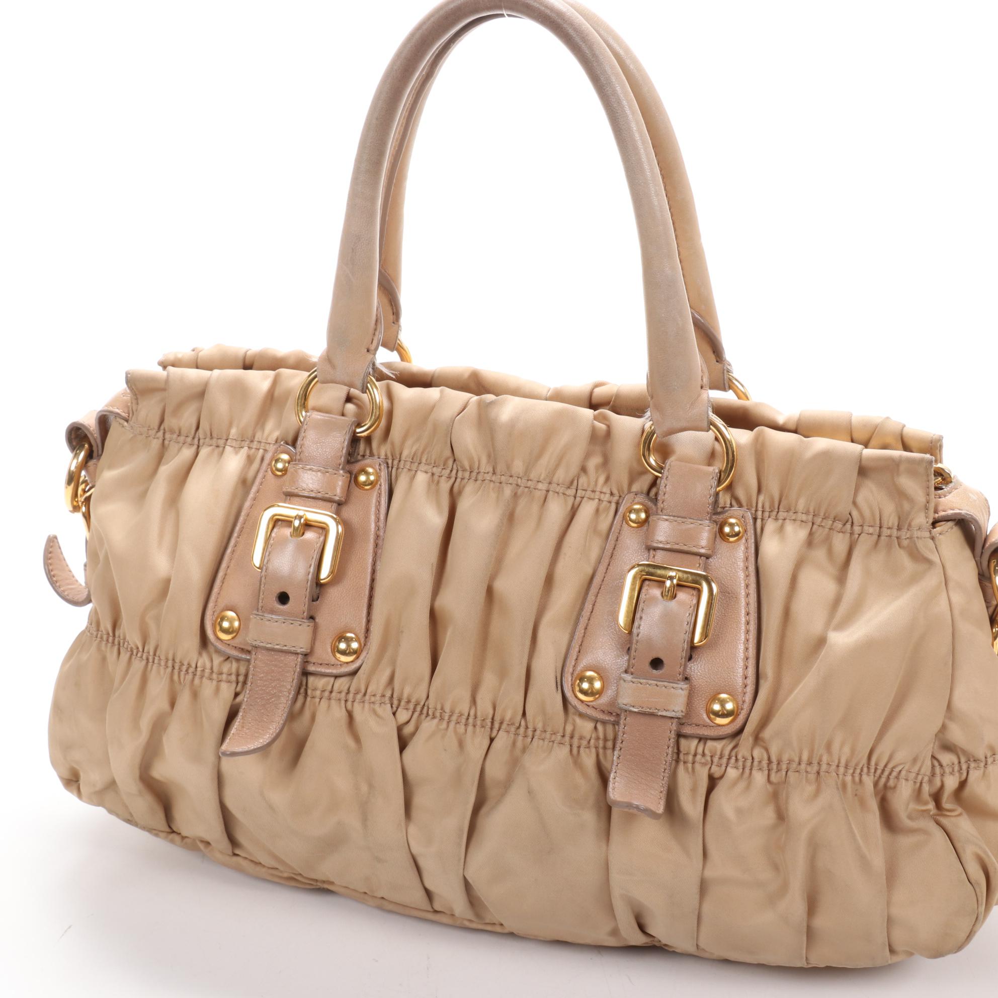 Prada Gaufre Ruched Two-Way Shoulder Bag in Beige Tessuto Nylon and Leather