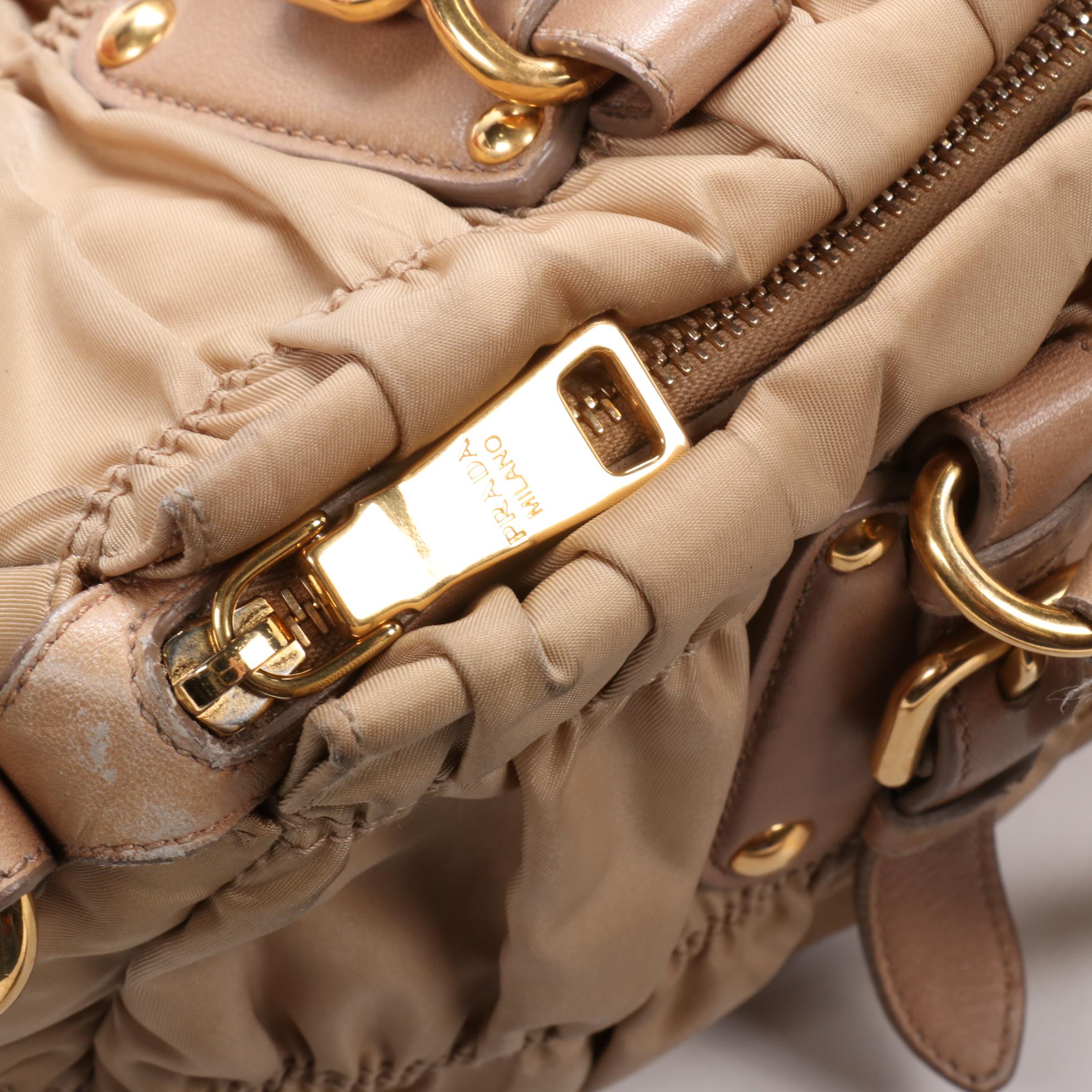 Prada Gaufre Ruched Two-Way Shoulder Bag in Beige Tessuto Nylon and Leather