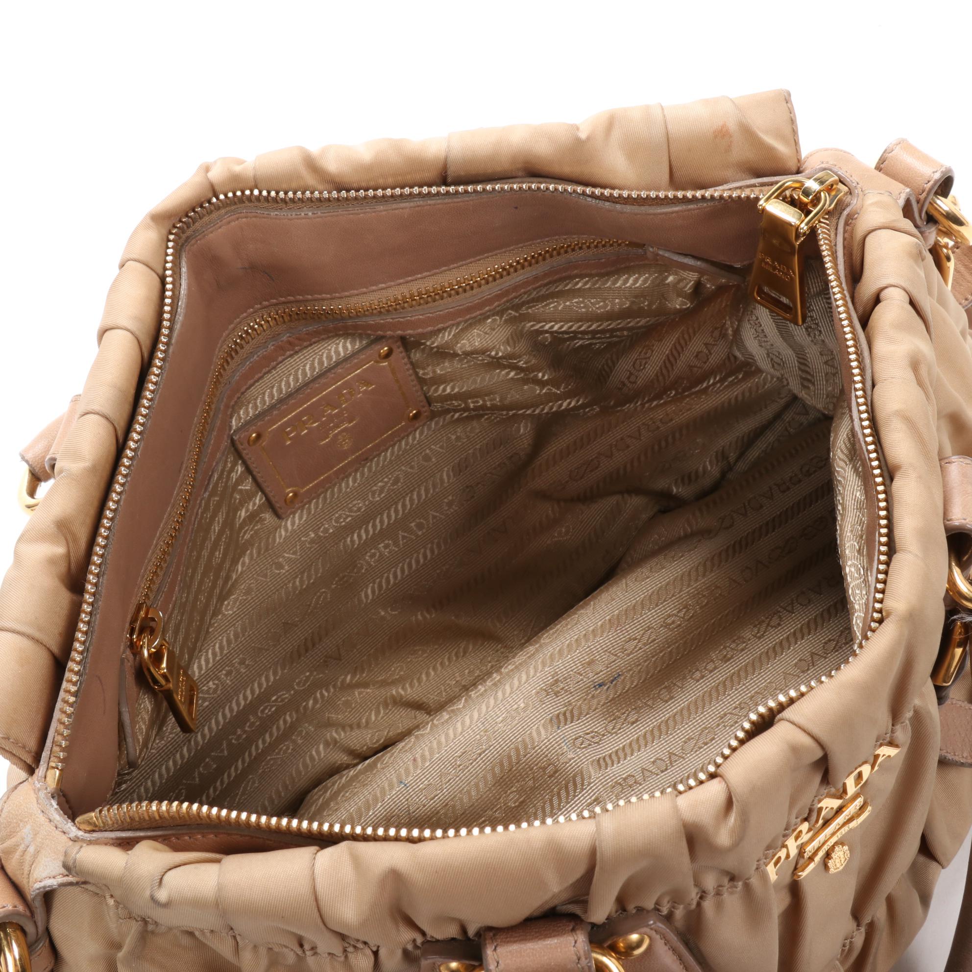 Prada Gaufre Ruched Two-Way Shoulder Bag in Beige Tessuto Nylon and Leather