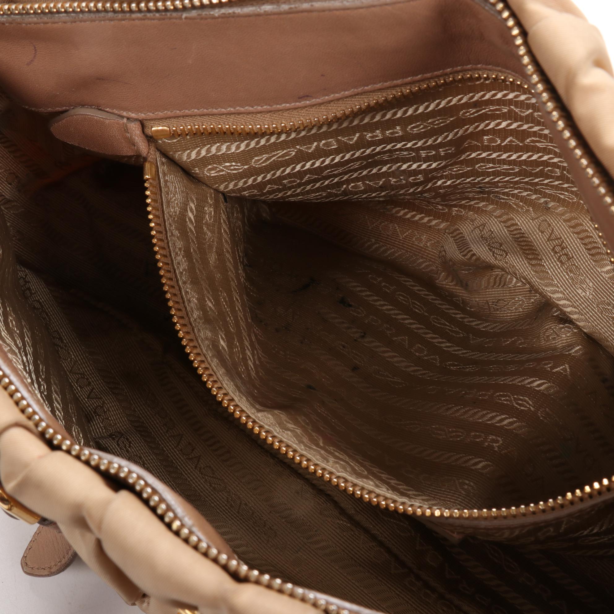 Prada Gaufre Ruched Two-Way Shoulder Bag in Beige Tessuto Nylon and Leather