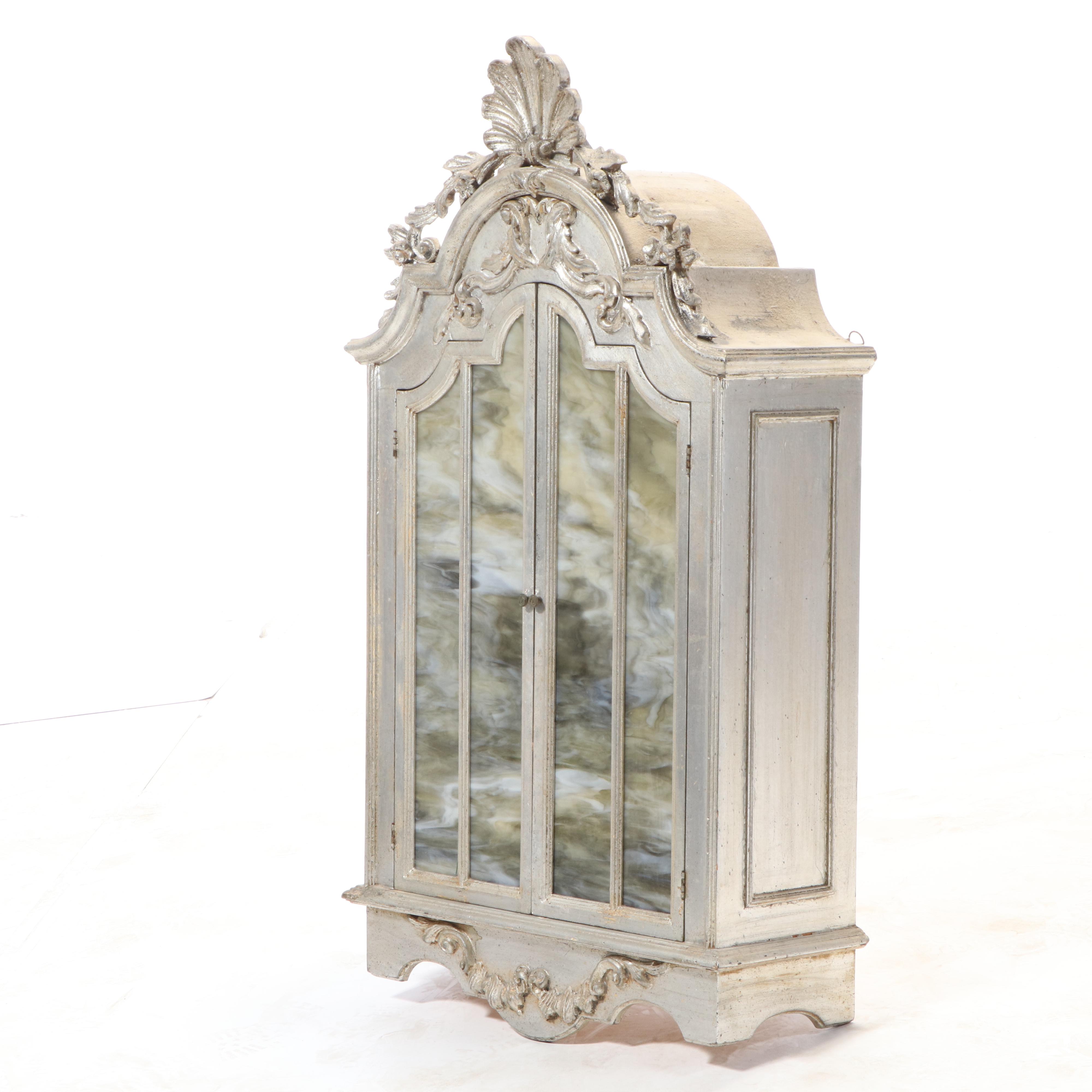 Rococo Style Silver-Gilt Wall Cabinet with Slag Glass Doors
