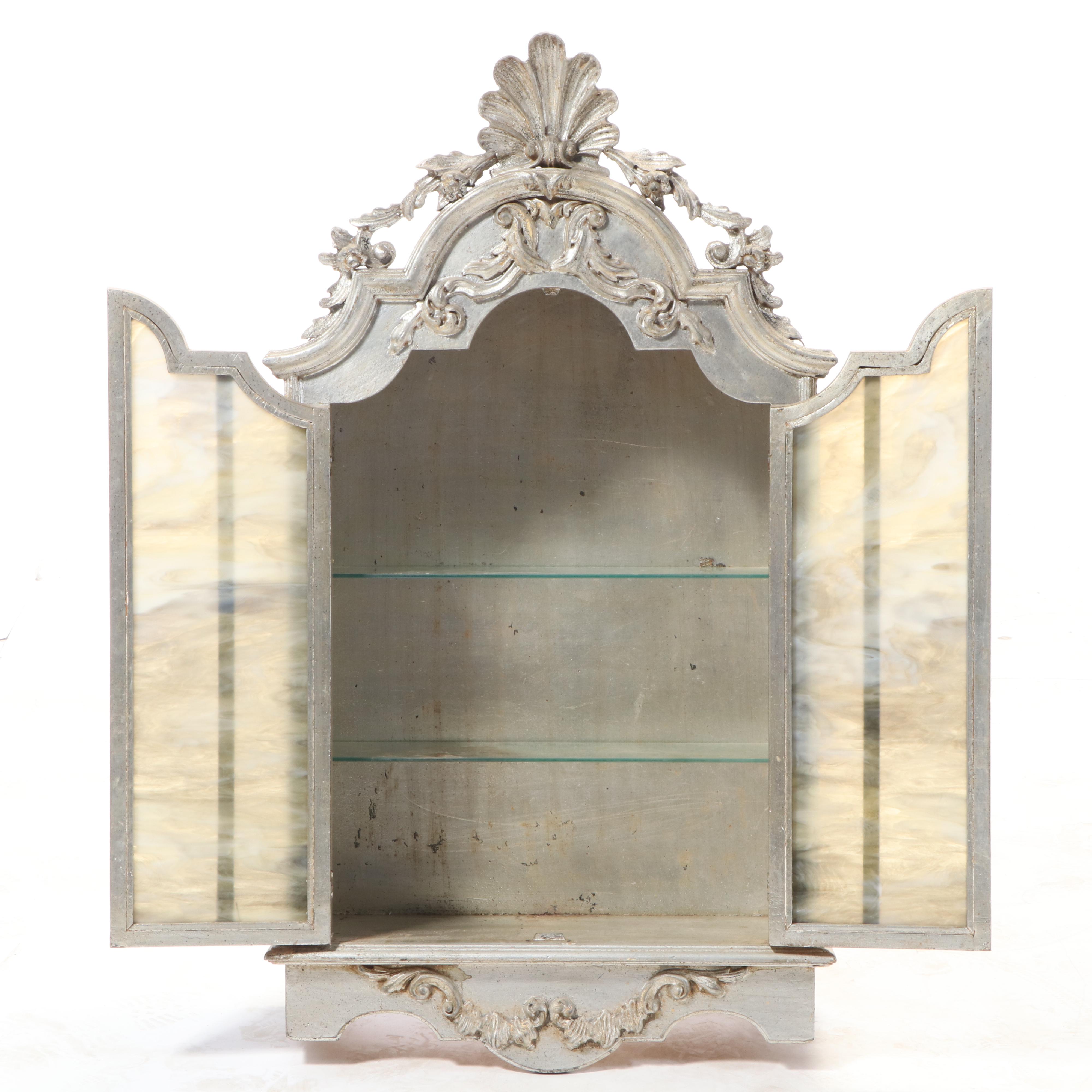 Rococo Style Silver-Gilt Wall Cabinet with Slag Glass Doors