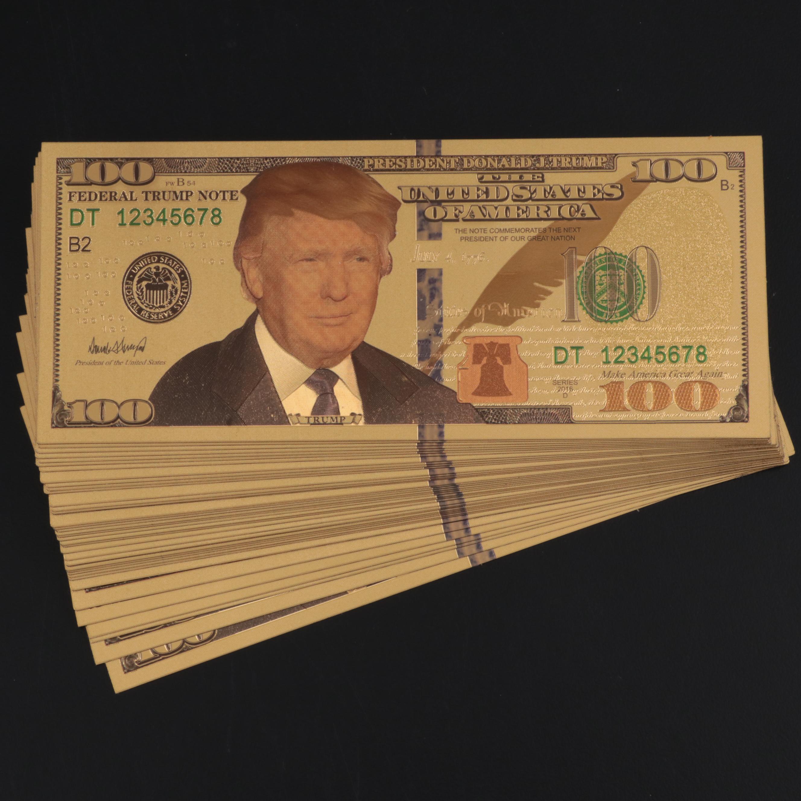 Collection of 24K Gold Donald Trump Novelty 100 Dollar Certificate