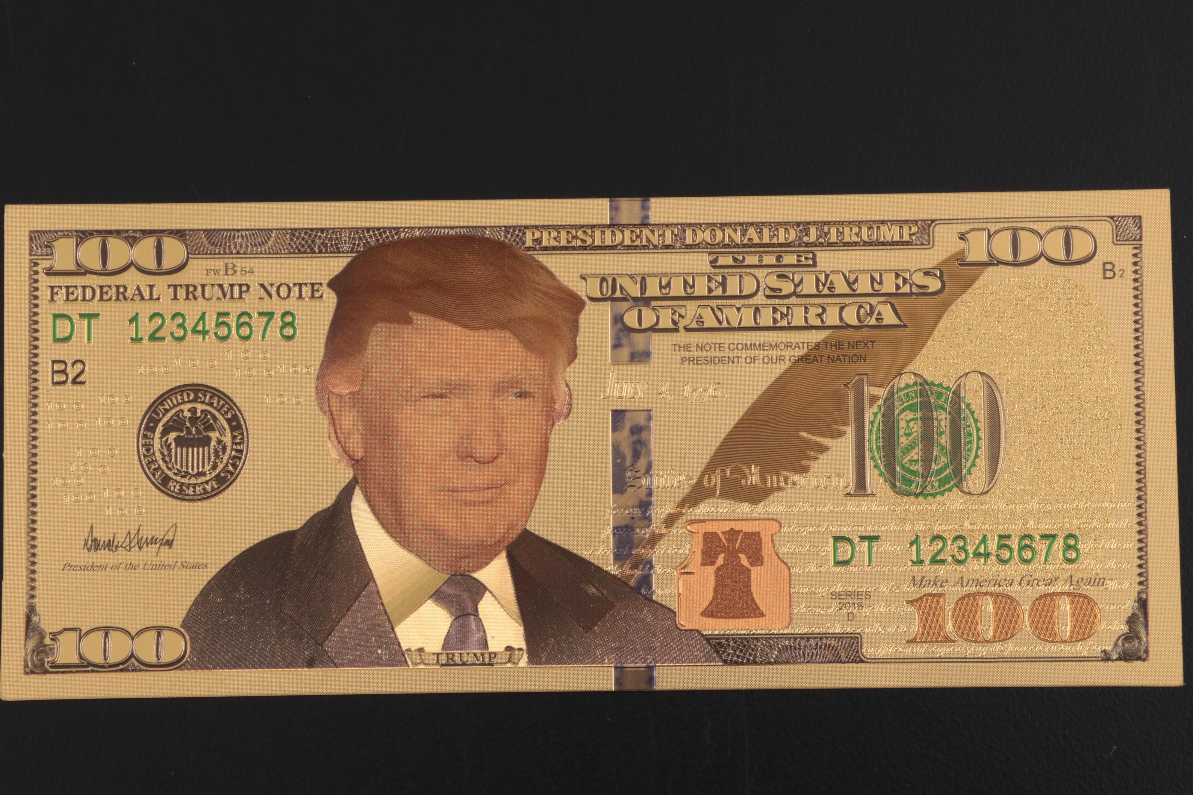 Collection of 24K Gold Donald Trump Novelty 100 Dollar Certificate