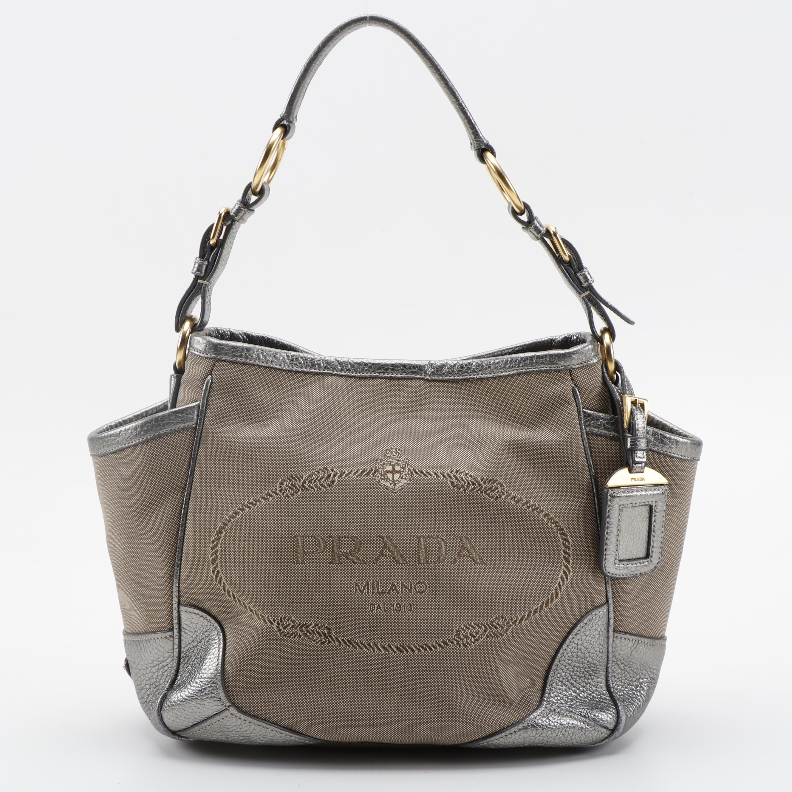 Prada Canapa Jacquard Canvas and Silver Metallic Vitello Daino Leather Tote
