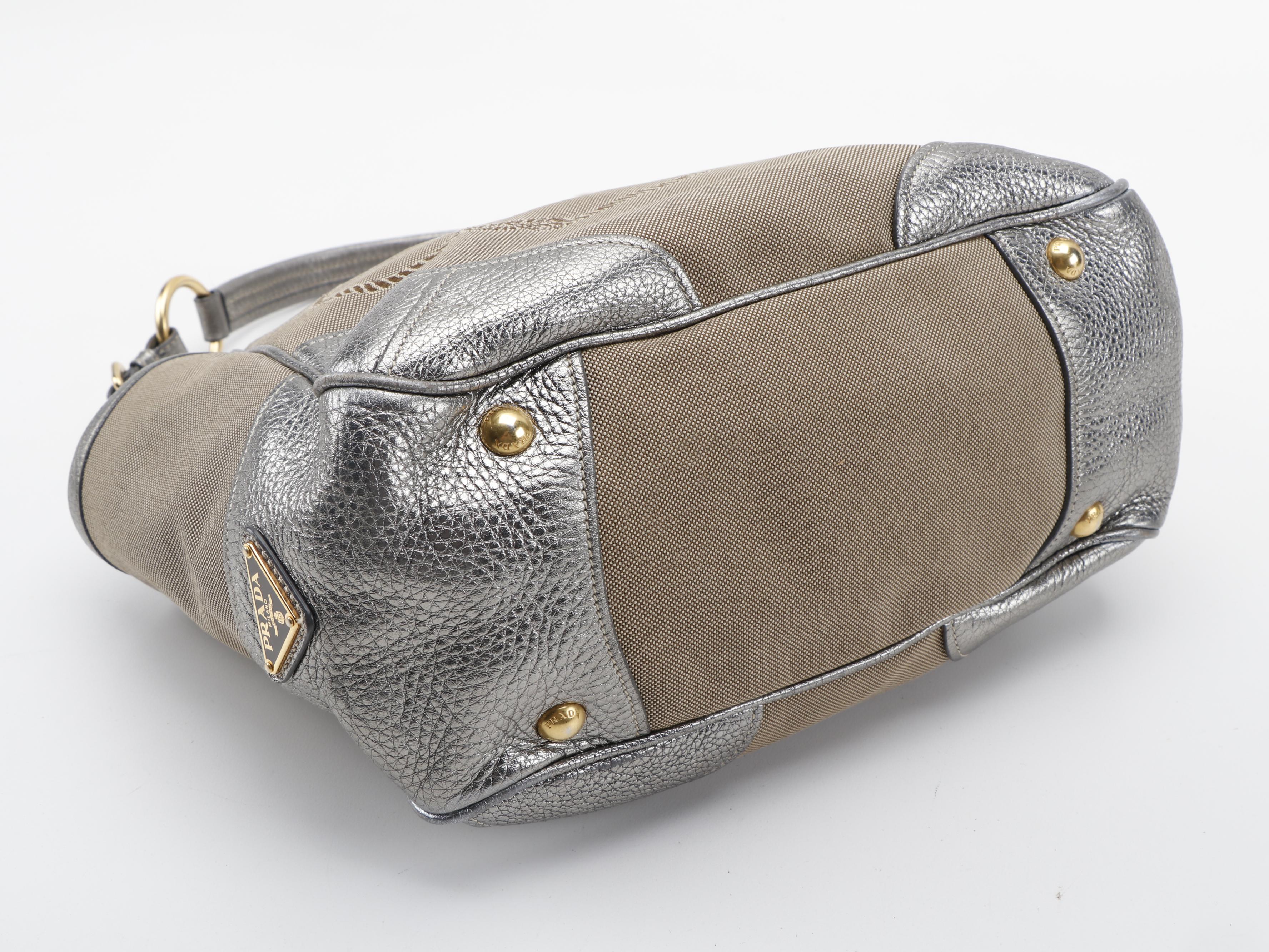 Prada Canapa Jacquard Canvas and Silver Metallic Vitello Daino Leather Tote