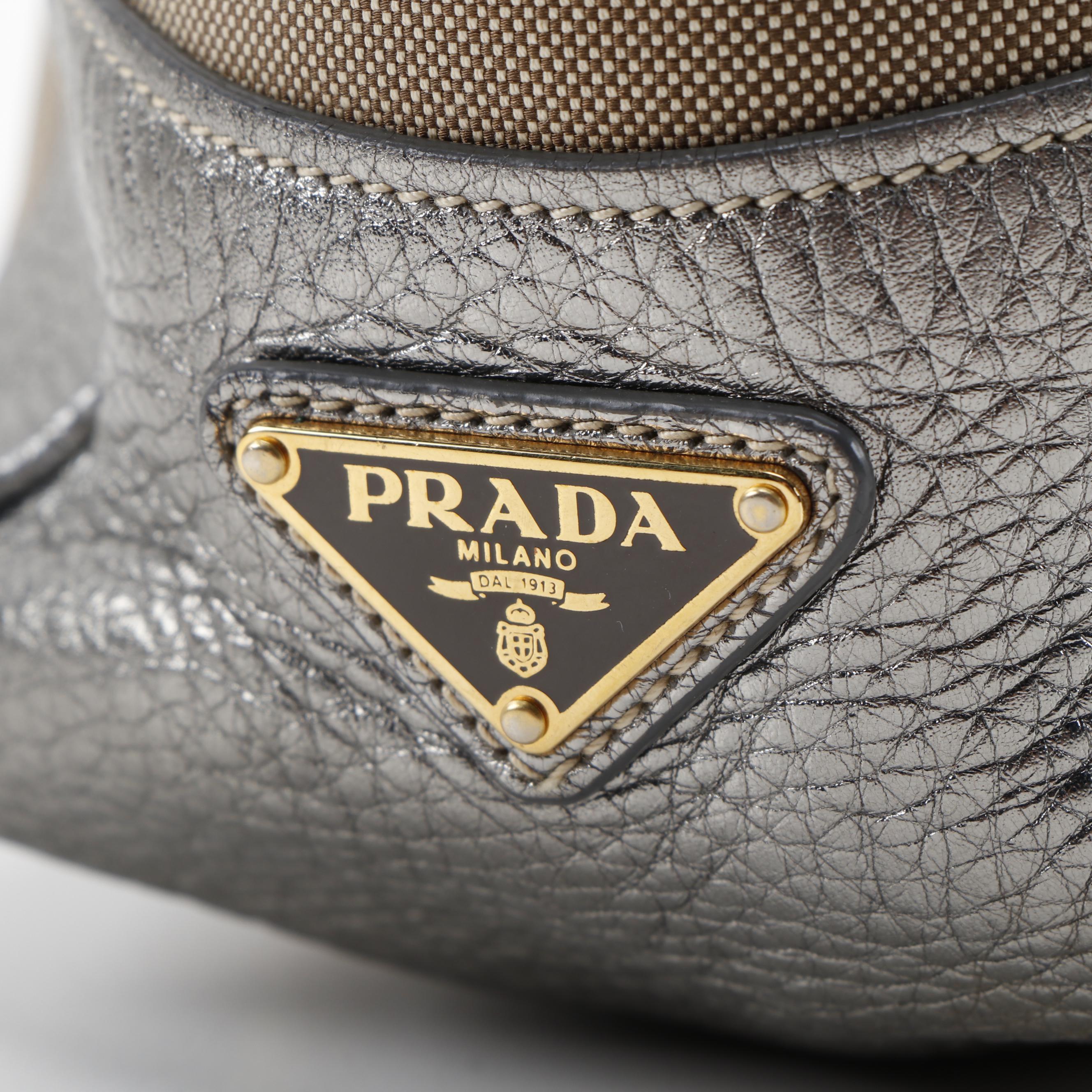 Prada Canapa Jacquard Canvas and Silver Metallic Vitello Daino Leather Tote