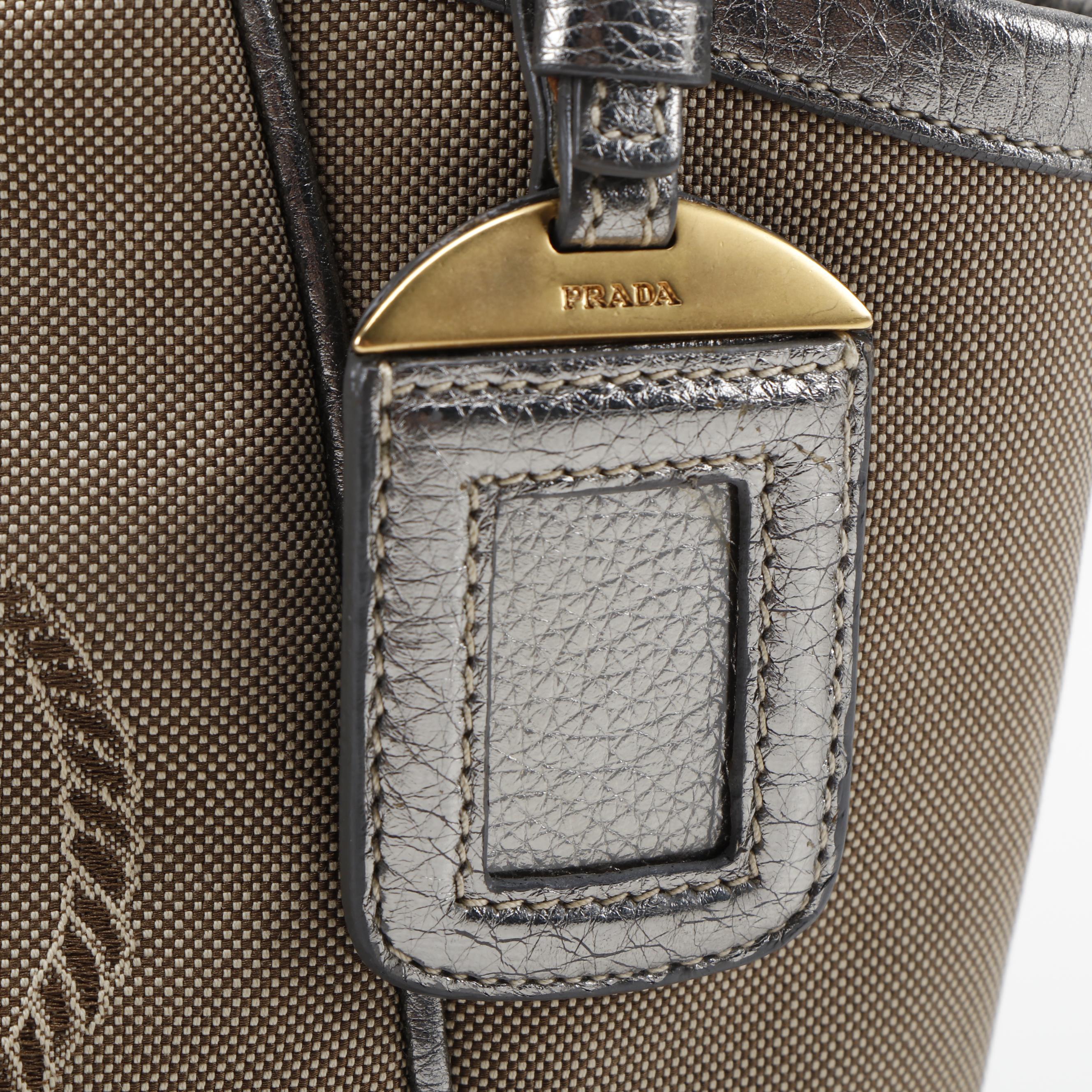 Prada Canapa Jacquard Canvas and Silver Metallic Vitello Daino Leather Tote