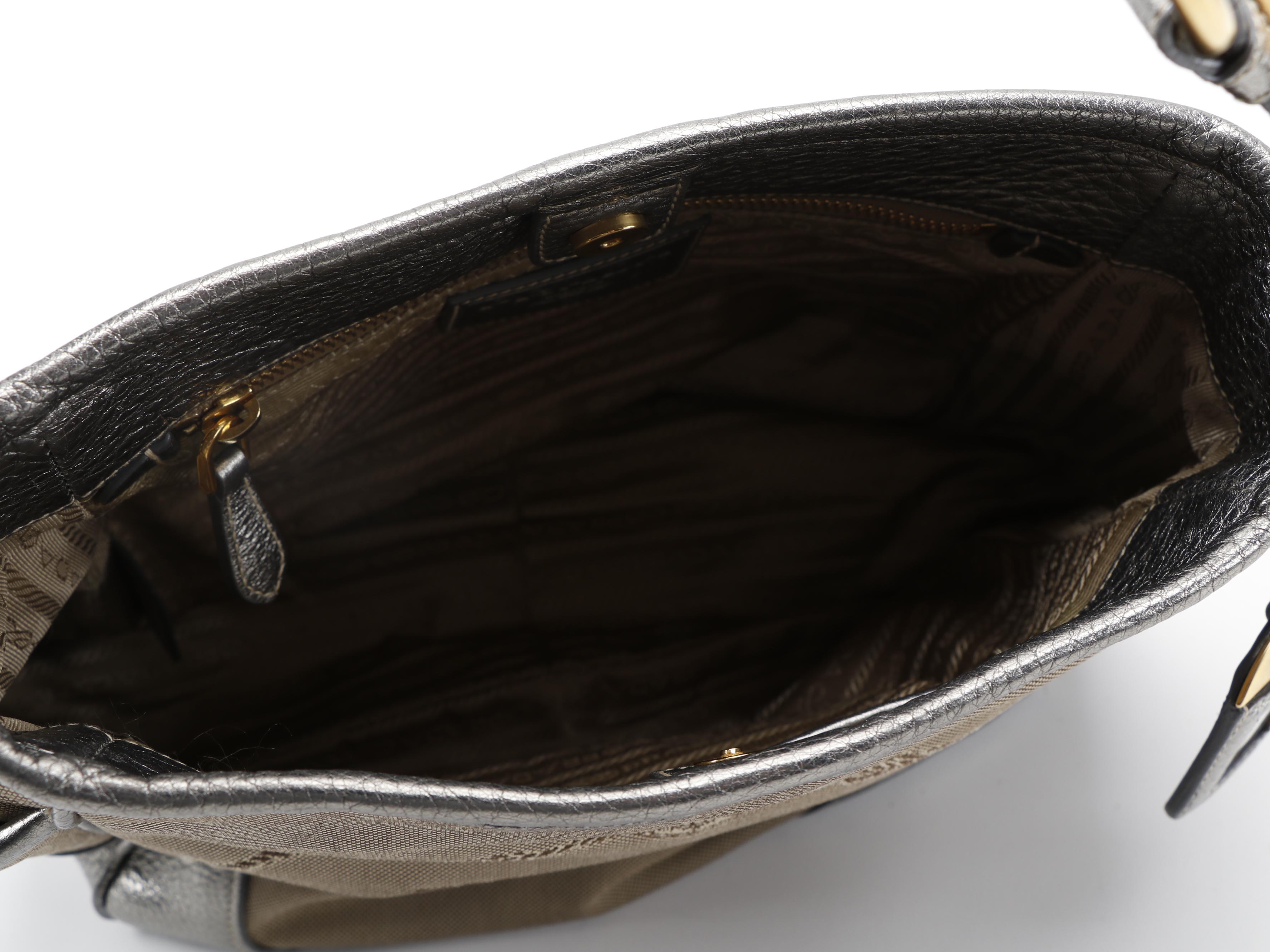 Prada Canapa Jacquard Canvas and Silver Metallic Vitello Daino Leather Tote