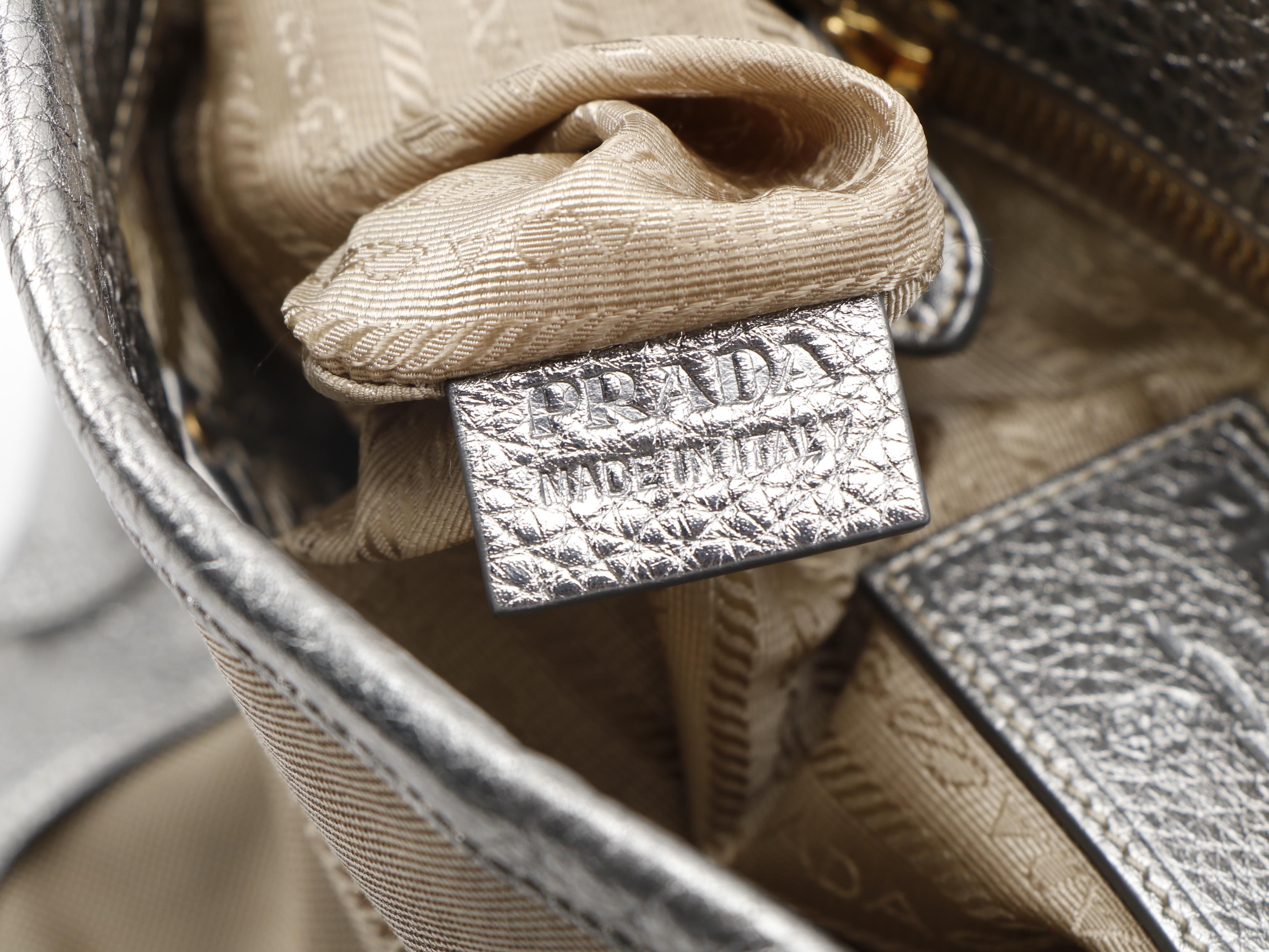 Prada Canapa Jacquard Canvas and Silver Metallic Vitello Daino Leather Tote